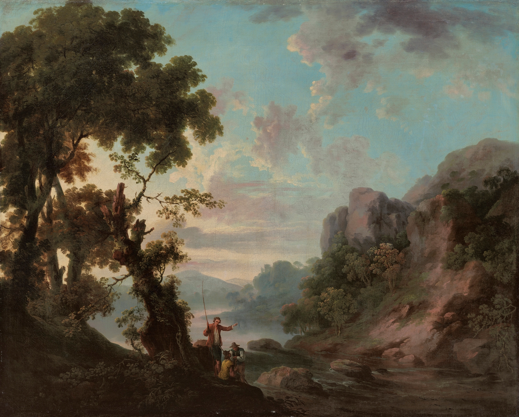 Wooded landscape with a lake and anglers in the foreground, oil painting by George Barret