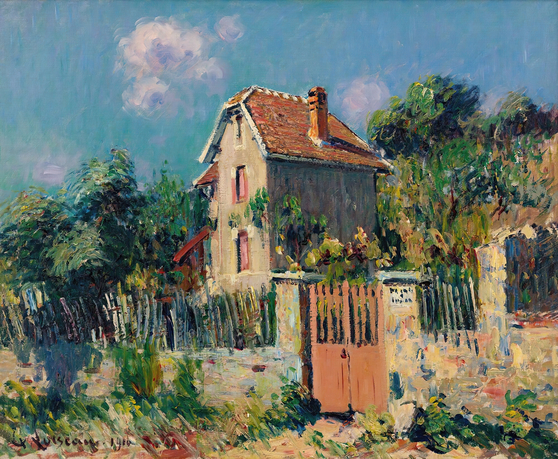Oil painting by Gustave Loiseau depicting a house with a rose grille and gentle light