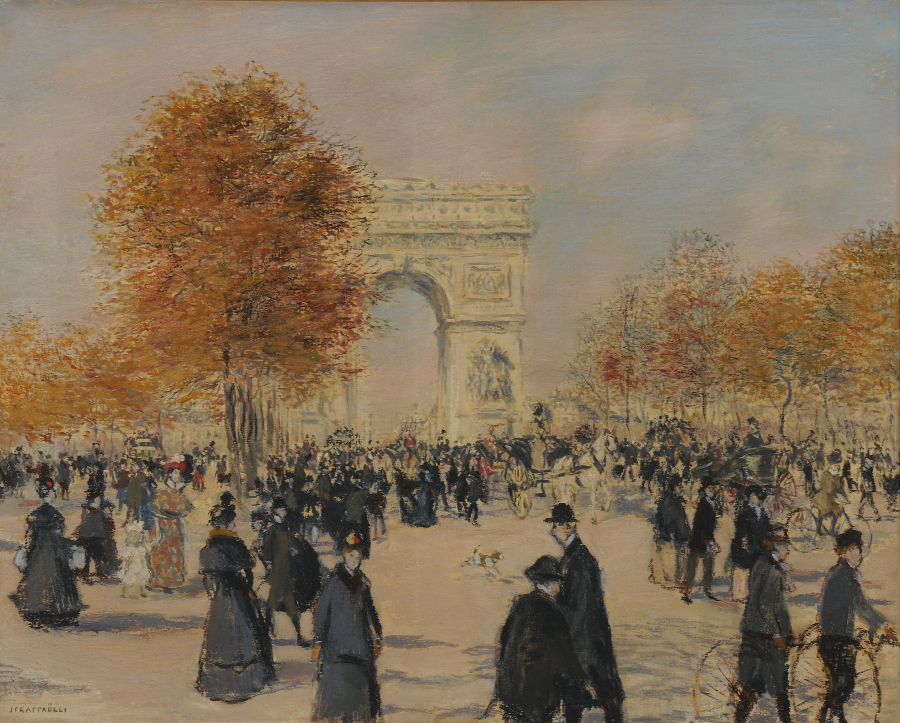 Les Champs-Élysées by Jean François Raffaëlli, oil painting of a lively café scene.