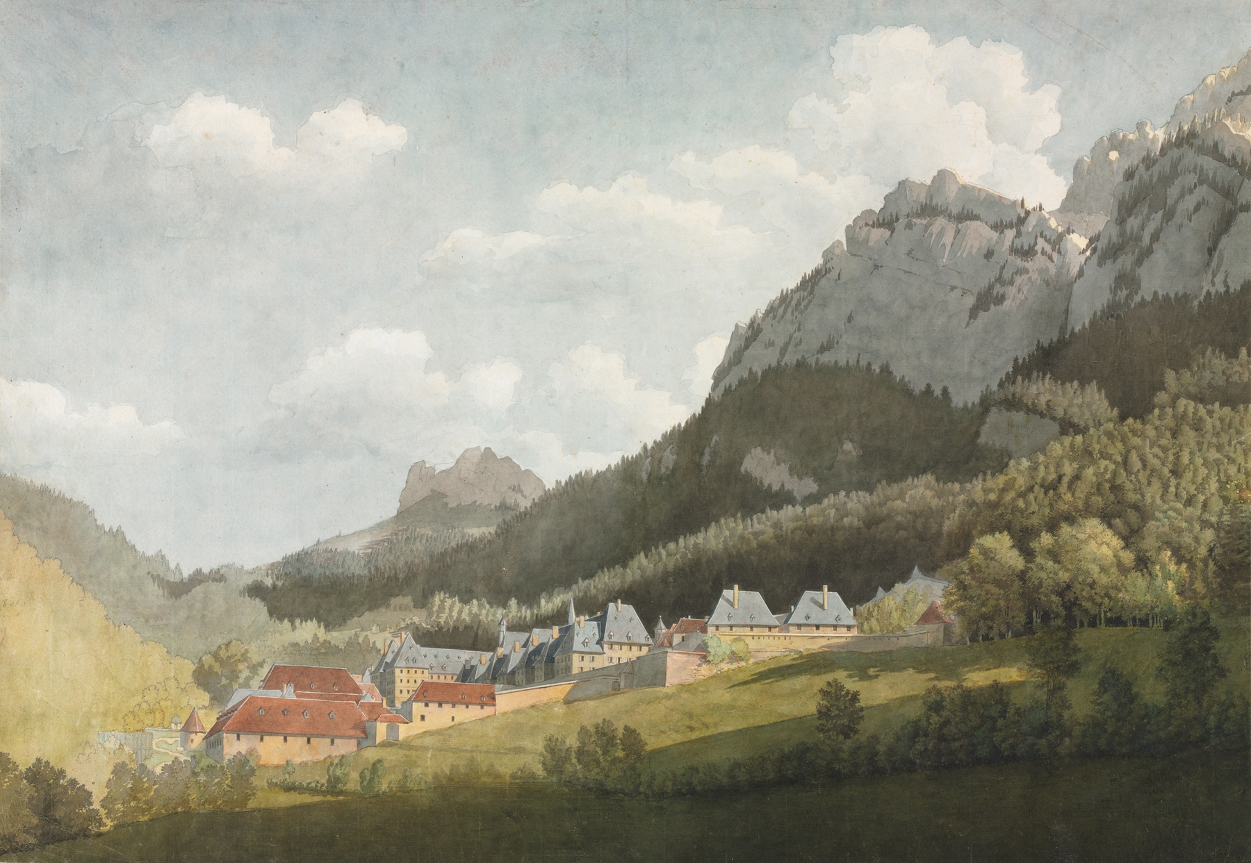 Landscape by Jean Lubin Vauzelle, depicting hills and trees, oil painting