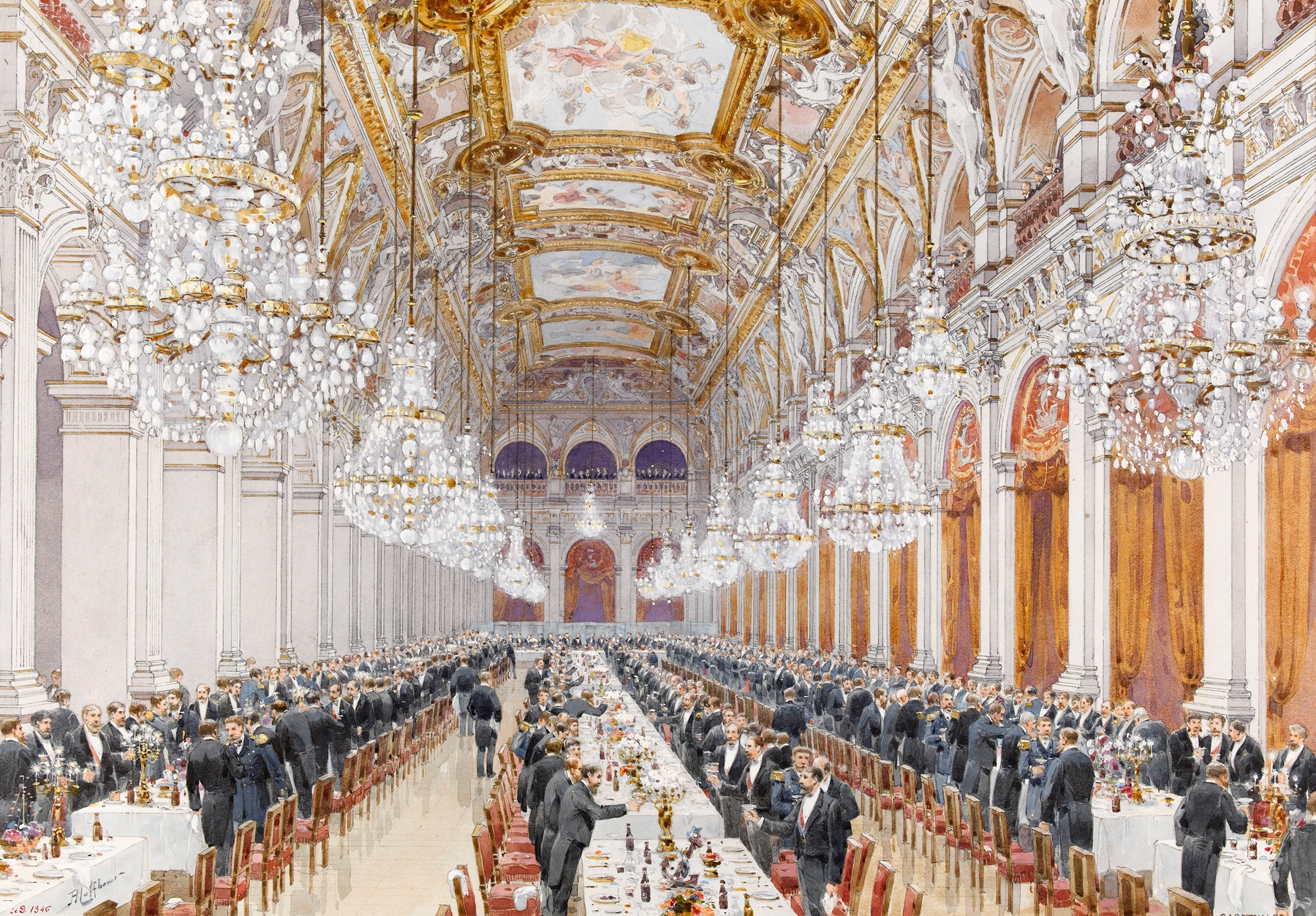 Banquet scene by Fédor Hoffbauer, oil painting