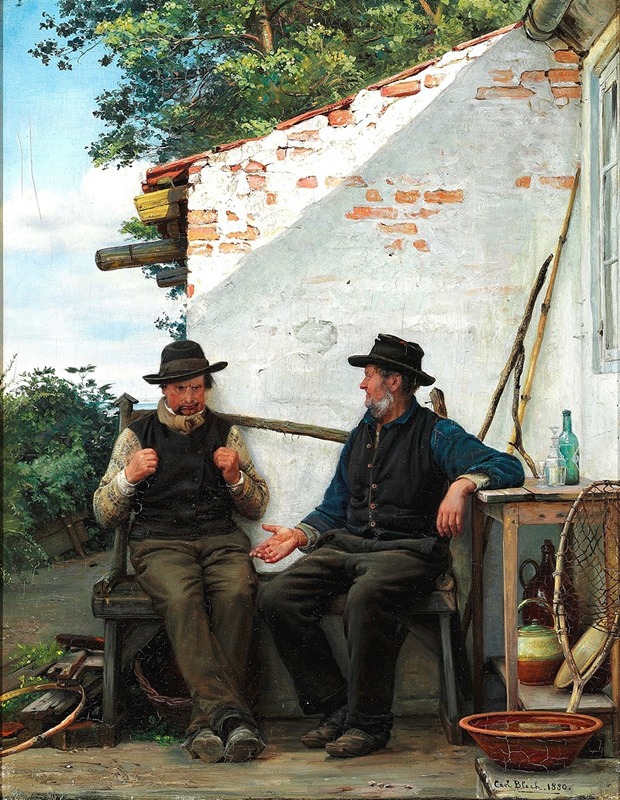 A scene depicting a conversation between two fishermen.