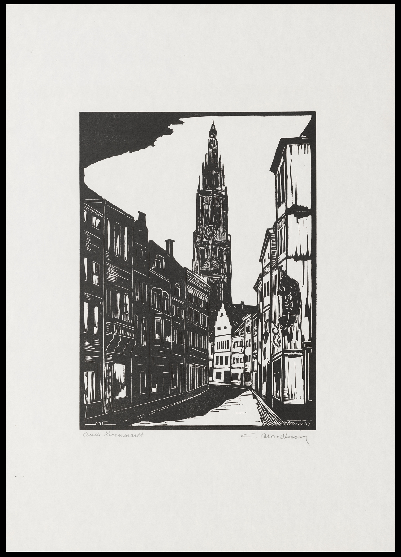 Oude Korenmarkt by C. Marstboom, oil on canvas depicting a market scene in Antwerp.
