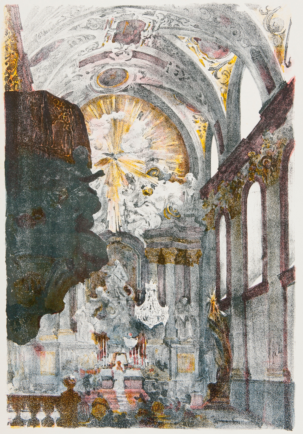Interior of a cathedral with stained glass by Jan Kanty Gumowski