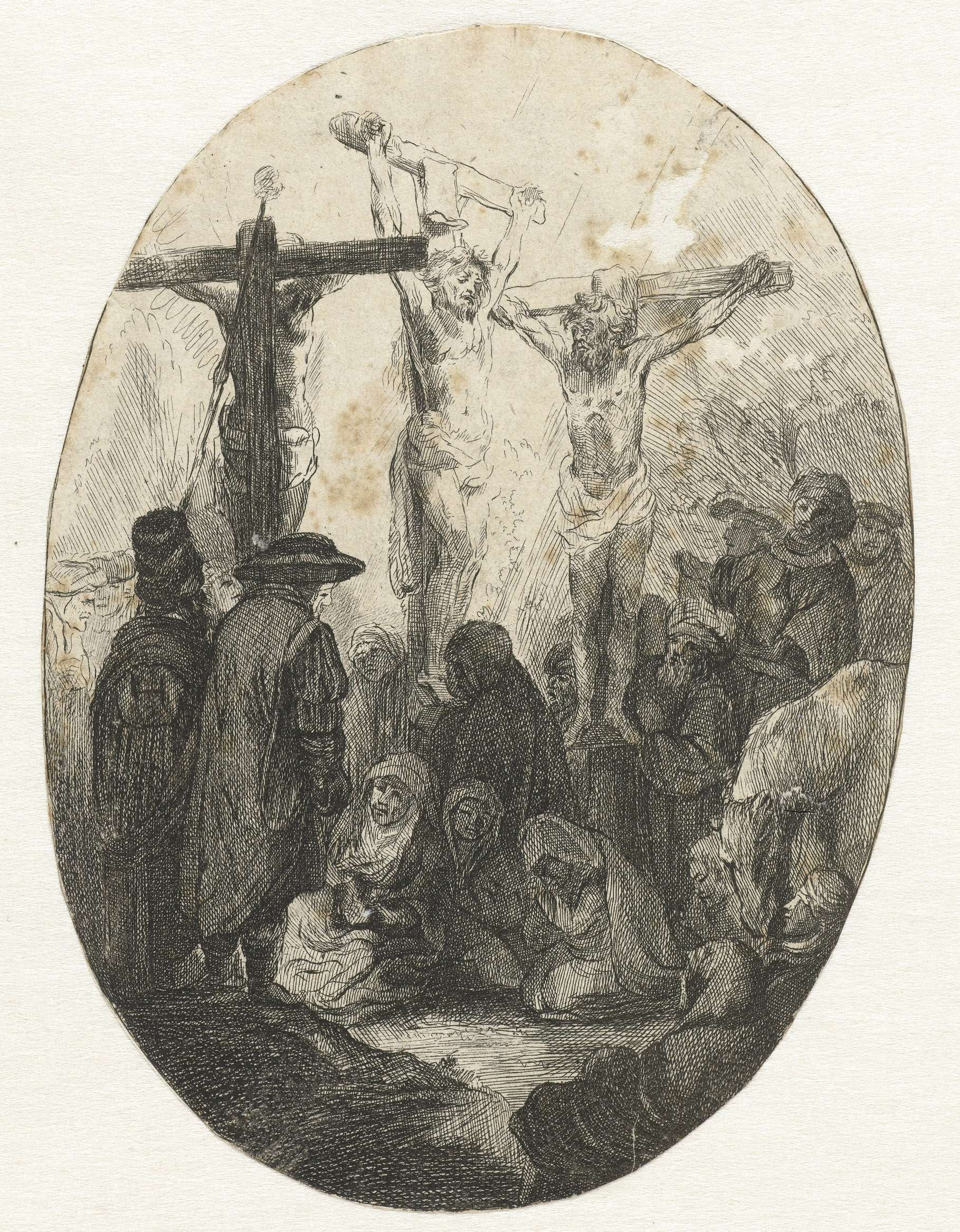 Etching depicting Christ crucified between two thieves, Unknown Artist
