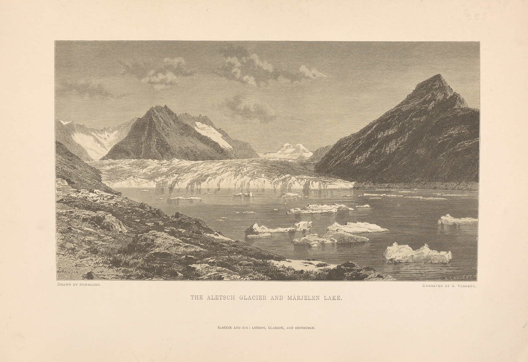 Schrader – The‎ ‎Aletsch‎ ‎Glacier‎ ‎and‎ ‎Marjelen‎ ‎Lake, by Theodor Gsell Fels, public domain