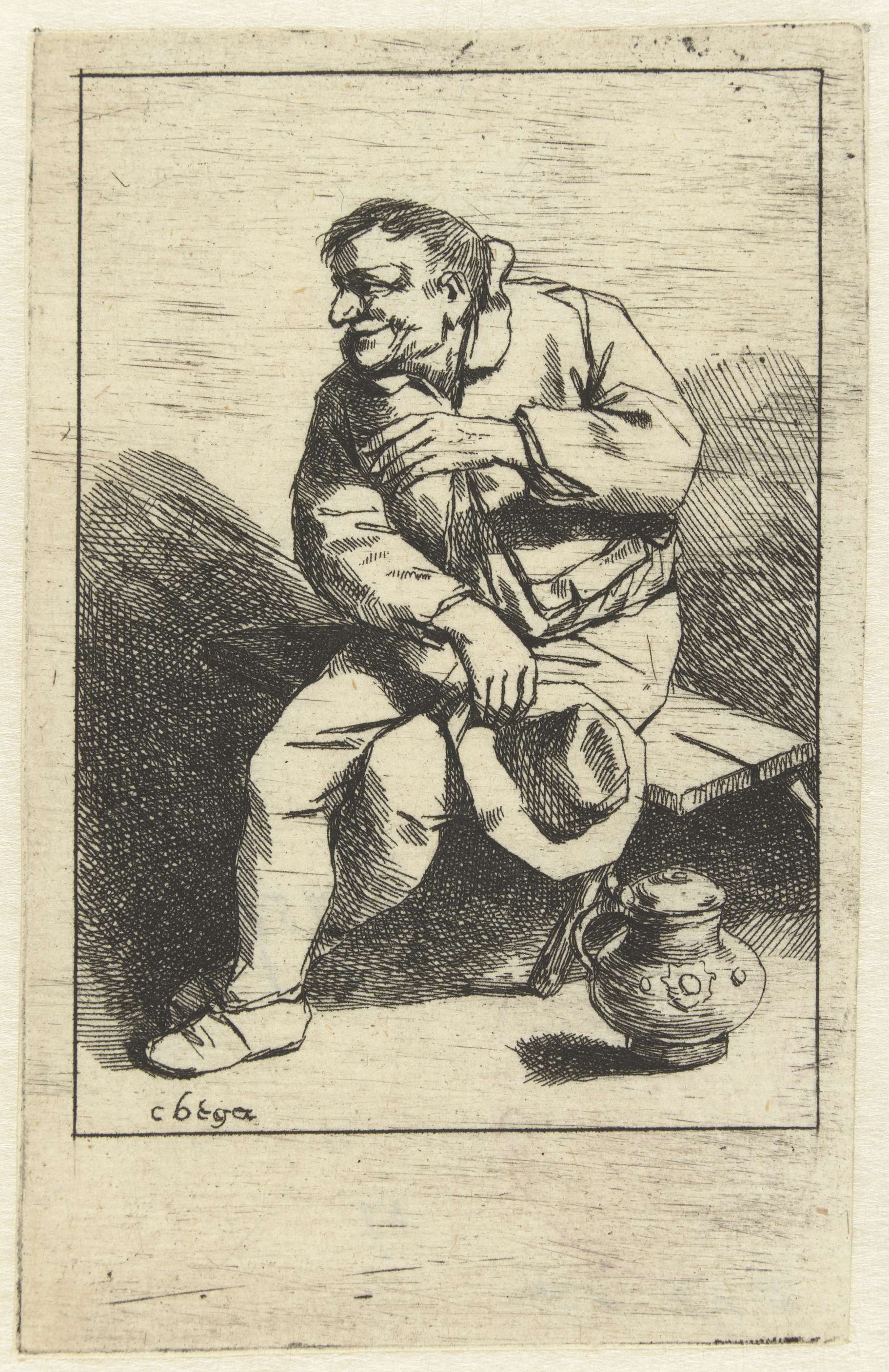 Etching by Cornelis Pietersz. Bega of a man sitting with a hat and jug.