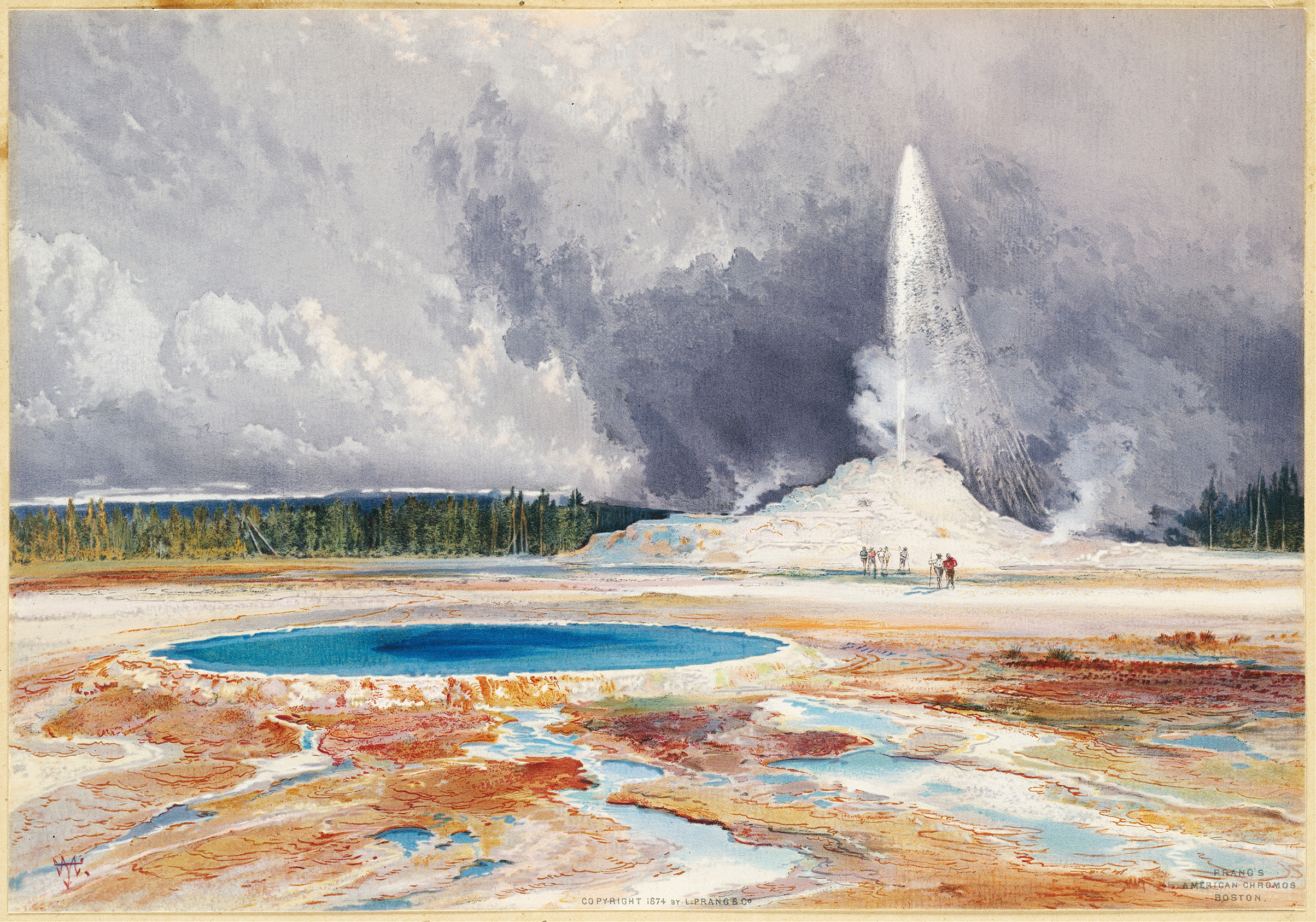 Old Castle Geyser eruption in steam and water by Thomas Moran, oil painting