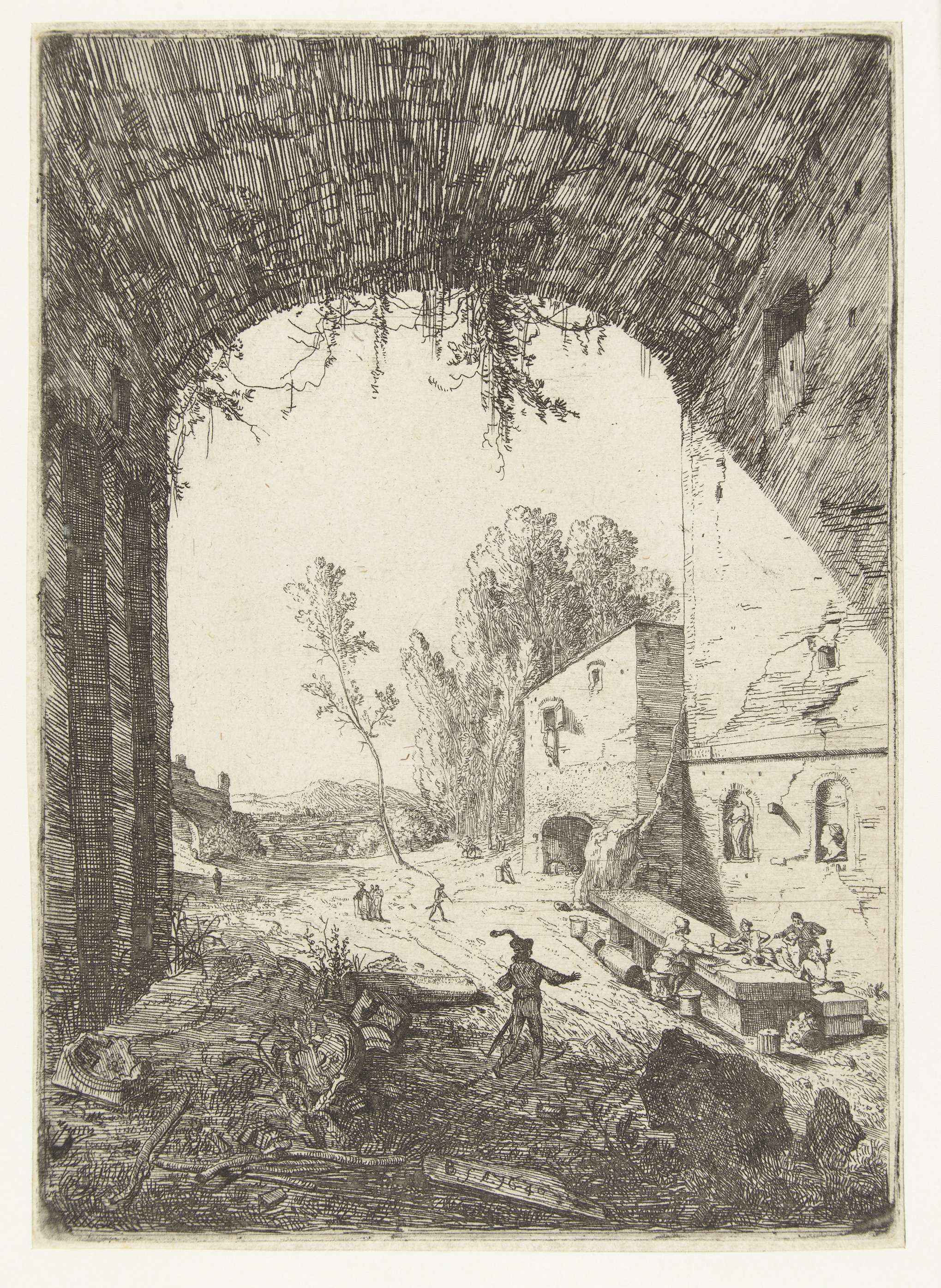 Landscape etching by Bartholomeus Breenbergh featuring ruins and a waterfall