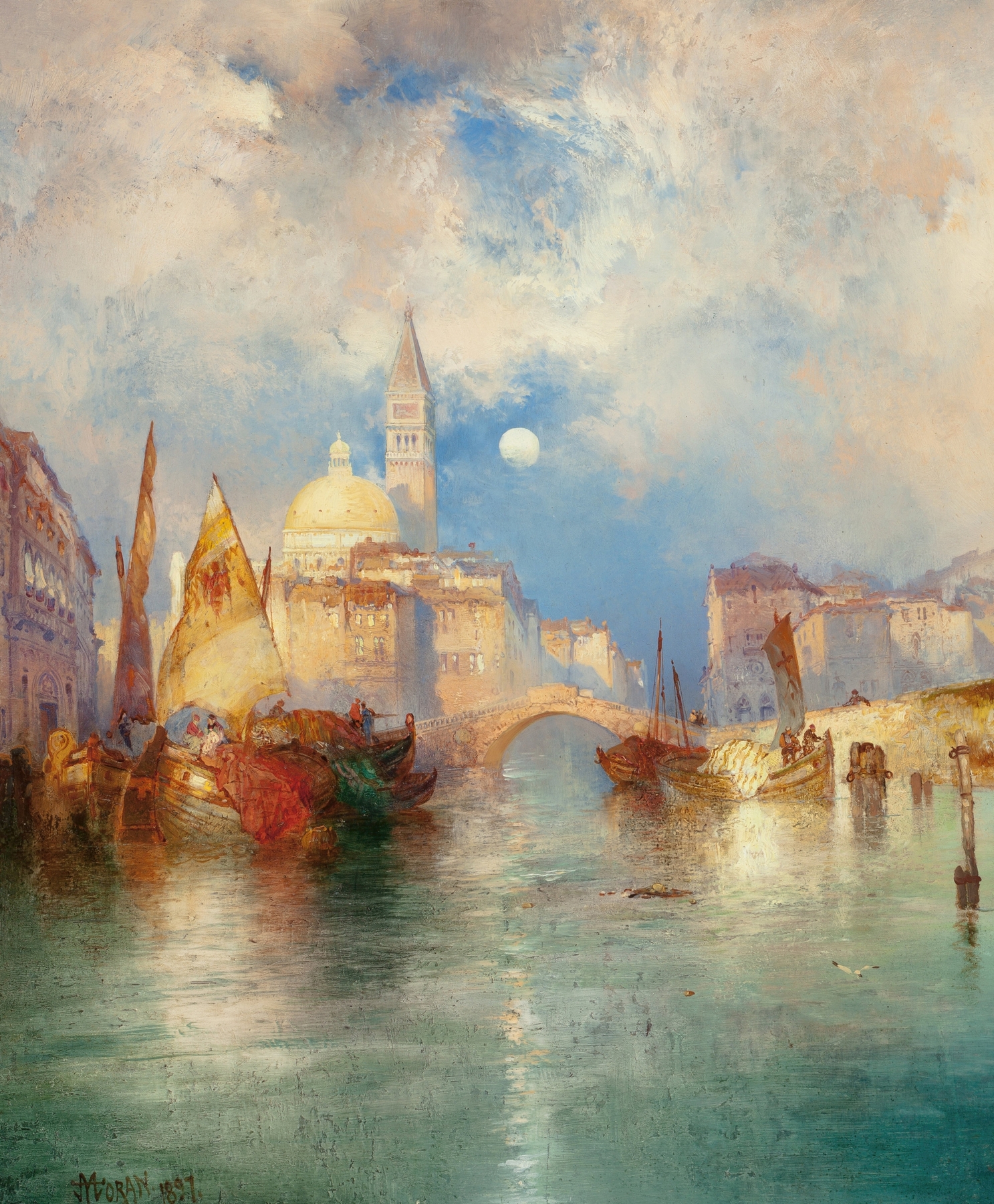 Moonrise, Chioggia, Venice by Thomas Moran, oil painting depicting a moonlit landscape.