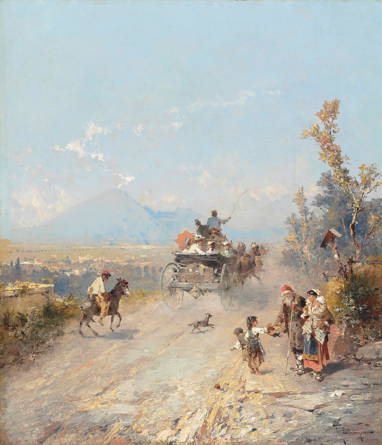 Landscape oil painting by Franz Richard Unterberger featuring Vesuvius and Pompeii.
