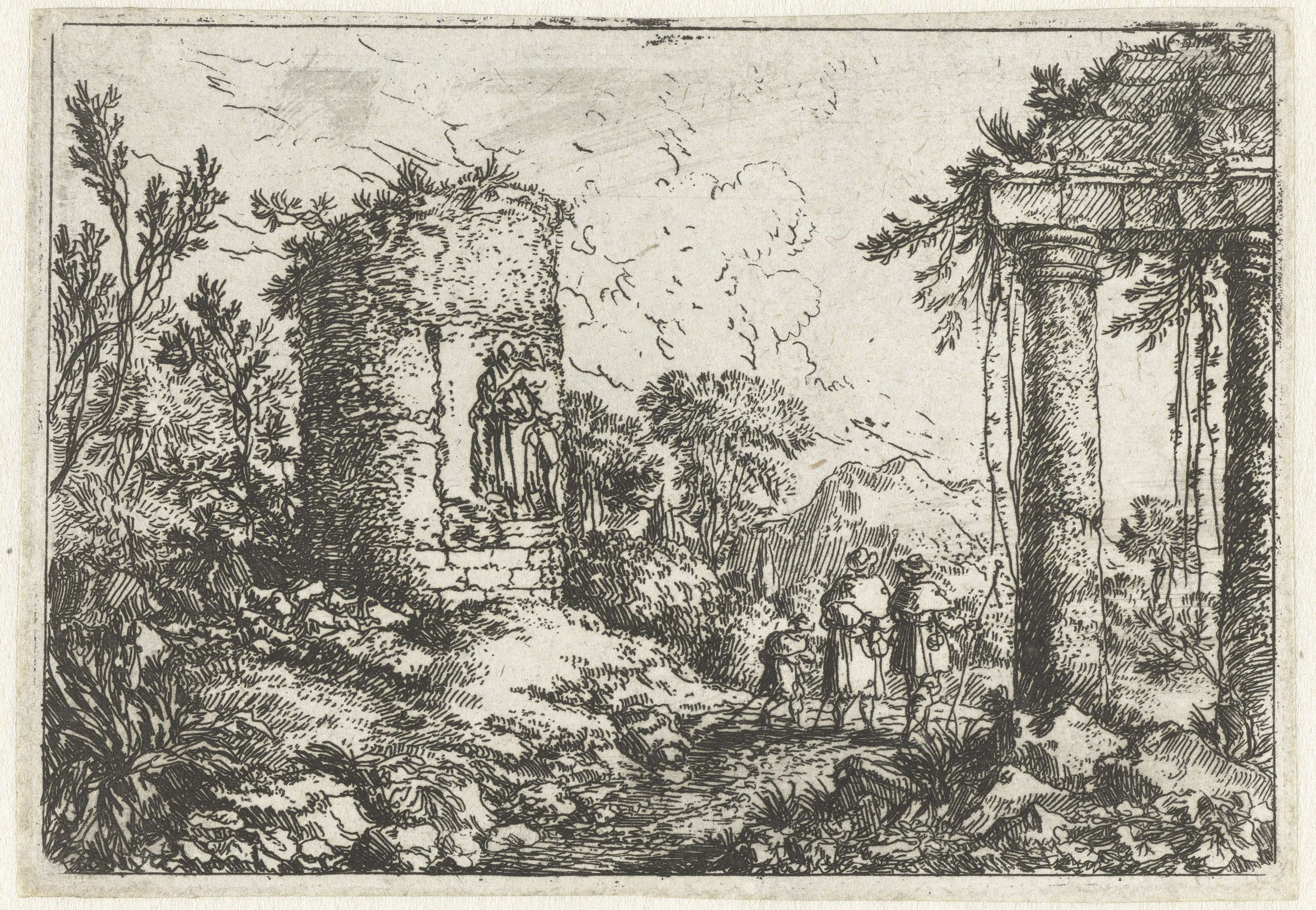 Landschap met ruïnes en drie pelgrims by Jonas Umbach, etching depicting ruins and pilgrims in golden light