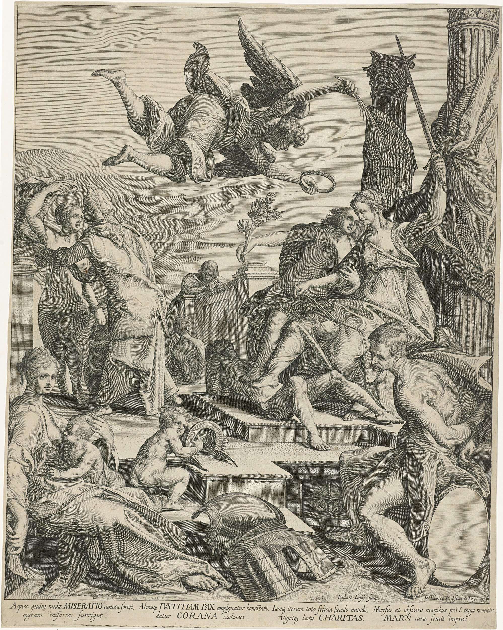 Allegory engraving by Egbert Jansz depicting Justitia, Pax, and Charitas.