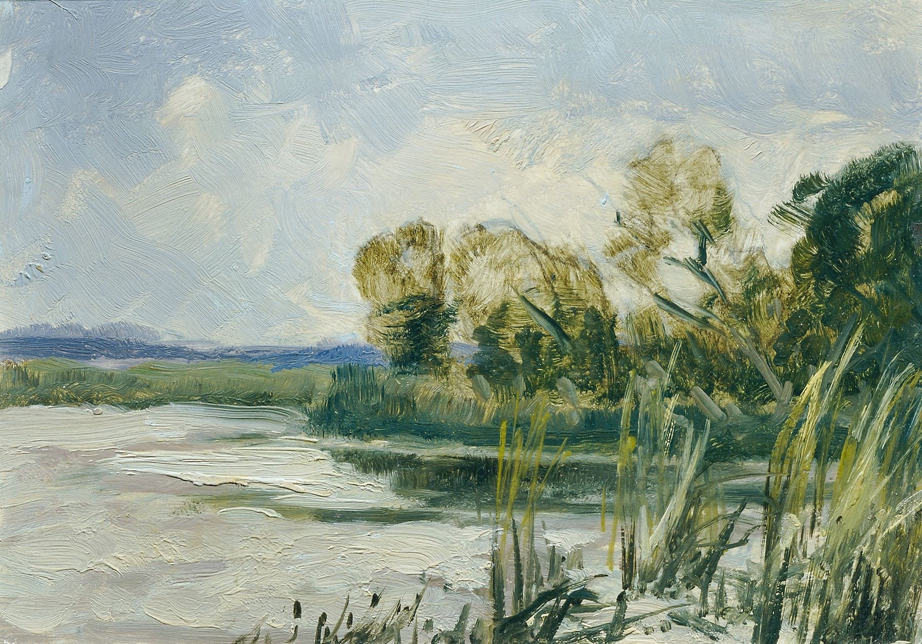Landscape of Wittingau by Ferdinand Engelmüller, oil painting depicting a river at dawn.