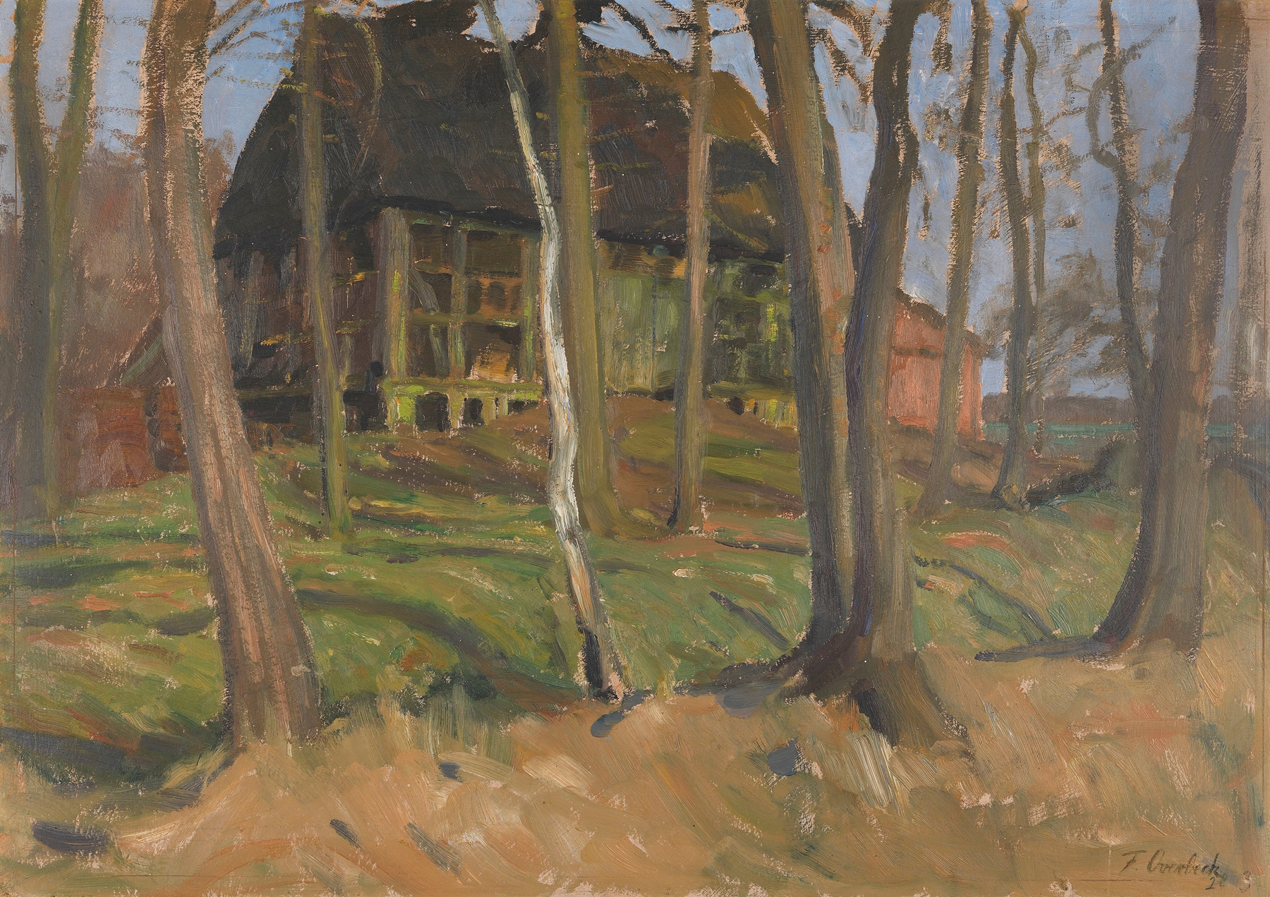 Gehöft in Weyermoor by Fritz Overbeck, oil on canvas, depicting a rustic farmhouse in a tranquil landscape.