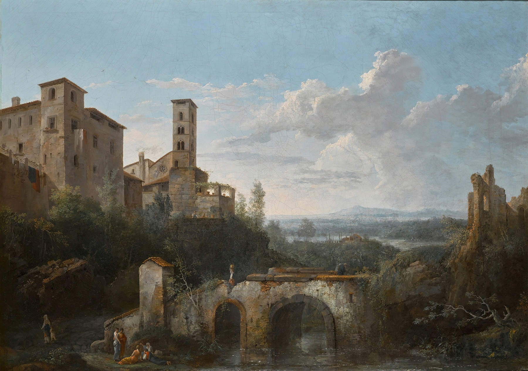 A river landscape with ruins of an aqueduct, oil on canvas by César Van Loo