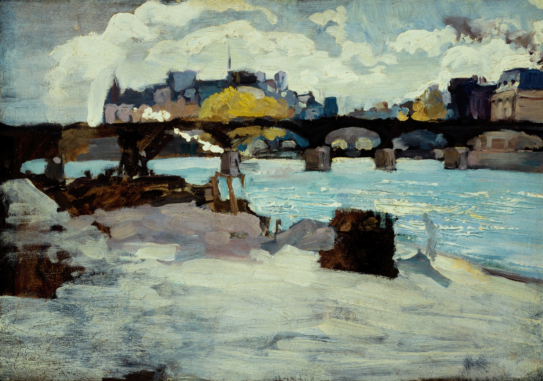 Oil on canvas by Emile Antoine Guillier depicting a vibrant Parisian landscape with a bridge over the Seine.