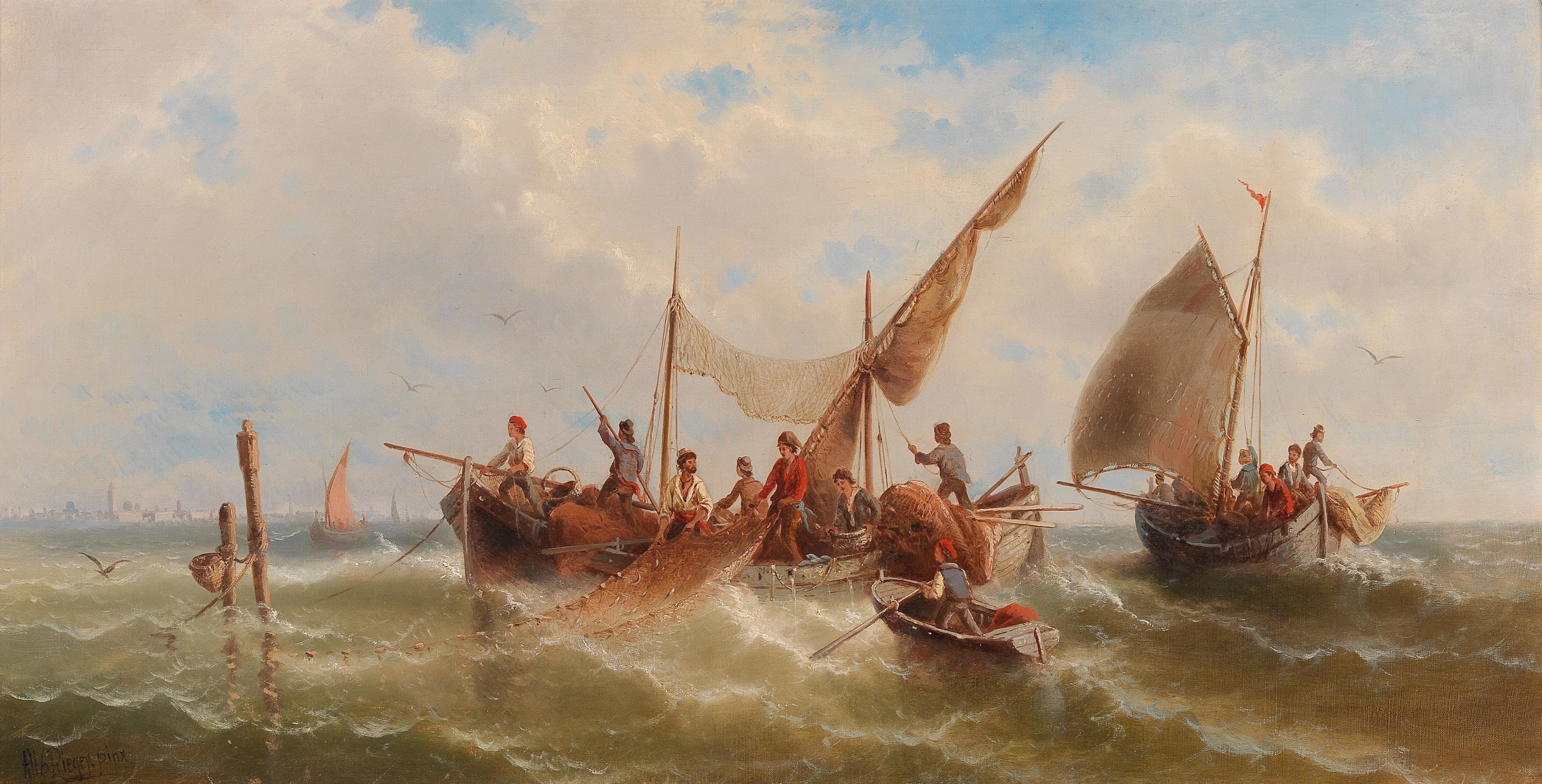 Fishing Boats Against A Venetian Silhouette by Albert Rieger, impressionism