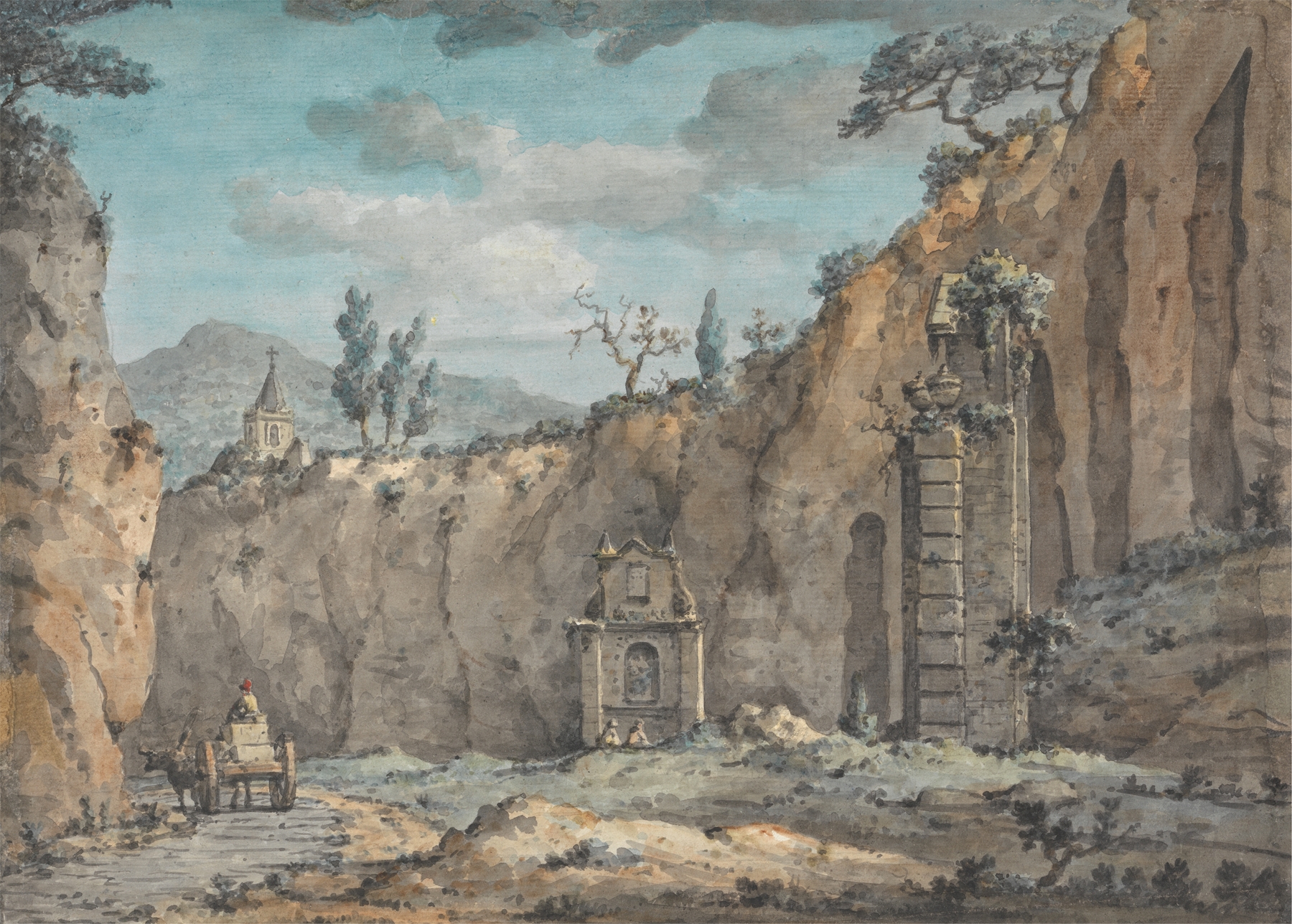 Oxcart in the Grotto at Posillipo by William Marlow, oil painting depicting an oxcart in a rocky grotto.