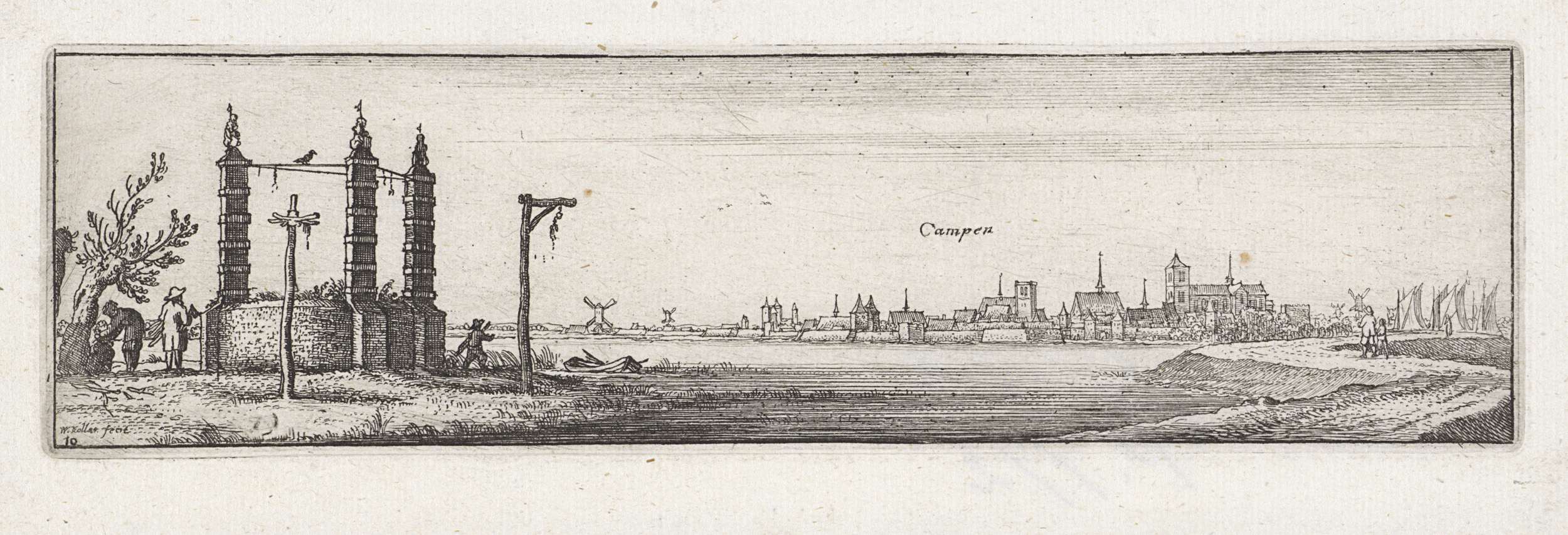 Landschap met galgen en gezicht op Kampen, etching by Wenceslaus Hollar