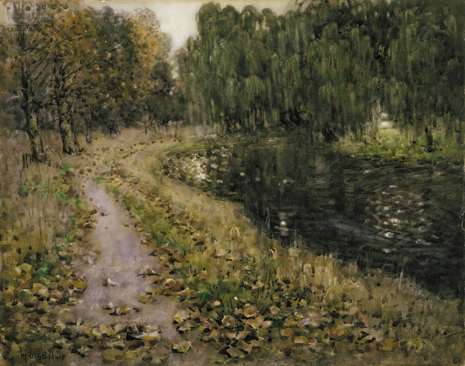 Riverside, autumn by Margaret Stoddart, oil on canvas depicting a river with autumn leaves.
