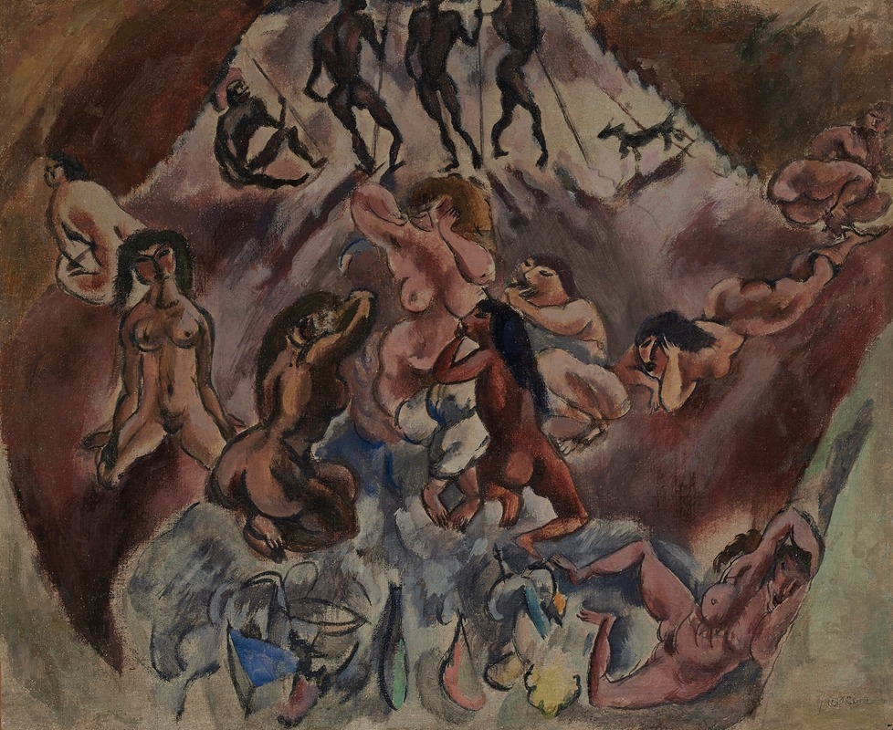 Jules Pascin's 'Réunion infernale' captures a chaotic gathering filled with vibrant colors and dynamic figures.