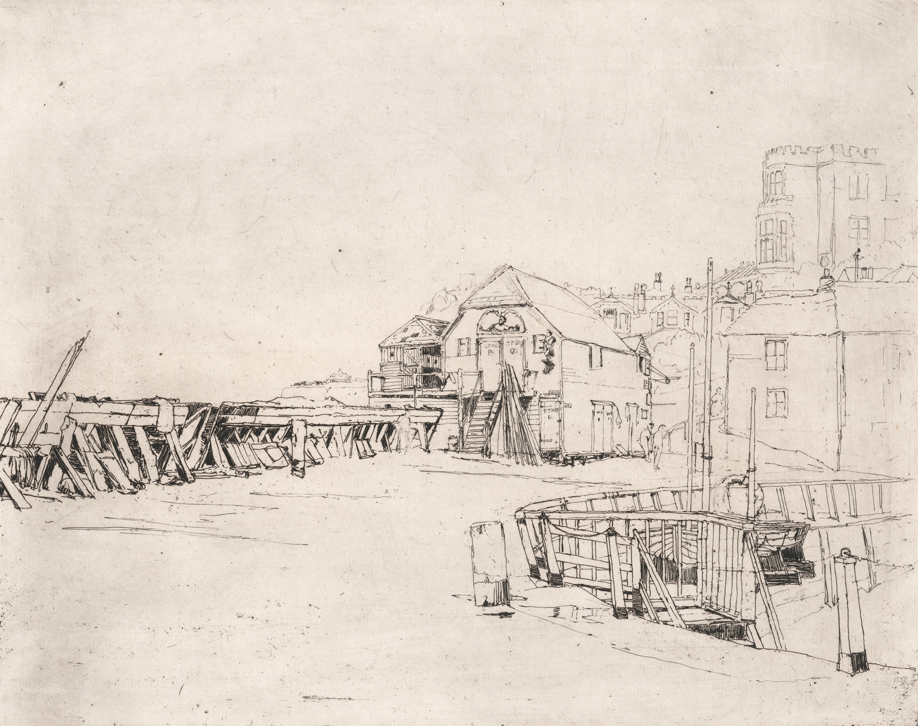 The ‘Lusitania’ Raft on Broadstairs Pier, engraving by Sir Frank Short