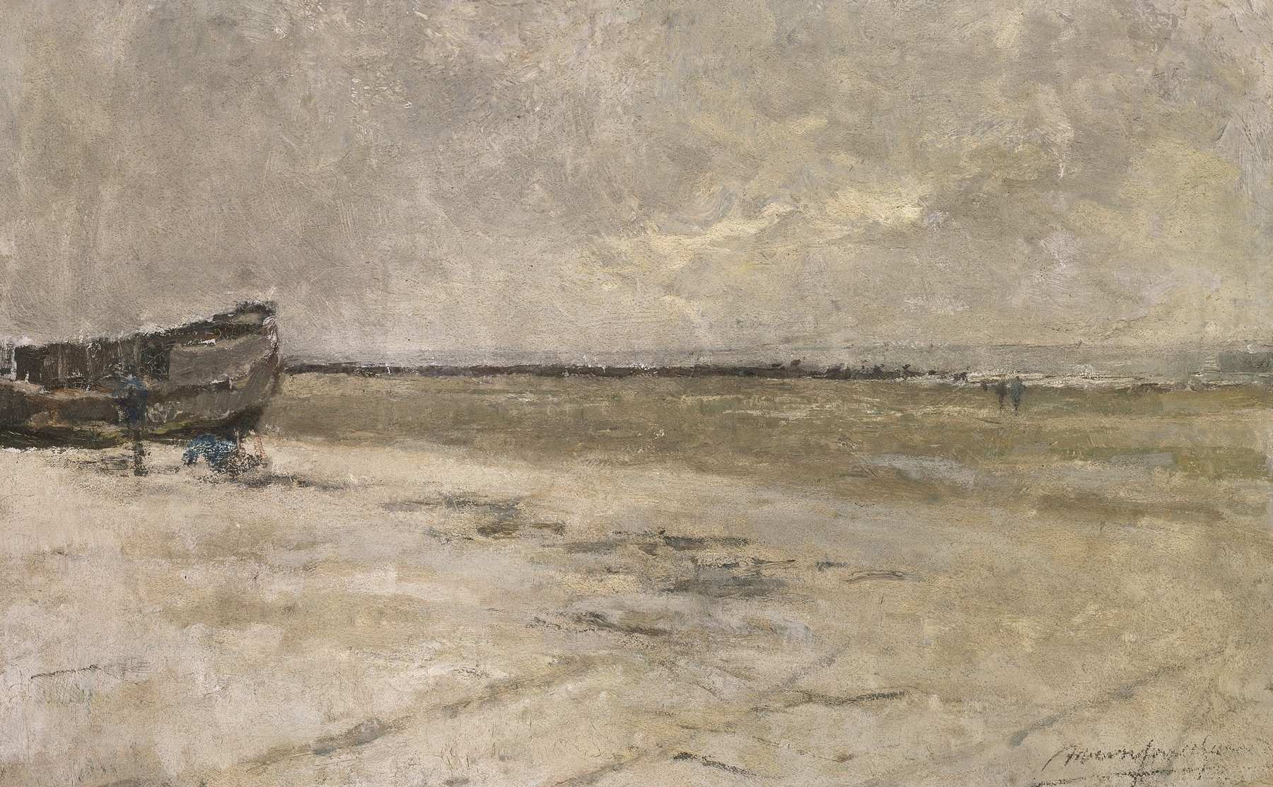 Marine scene depicting a beach under grey weather by Albert Baertsoen, oil painting.