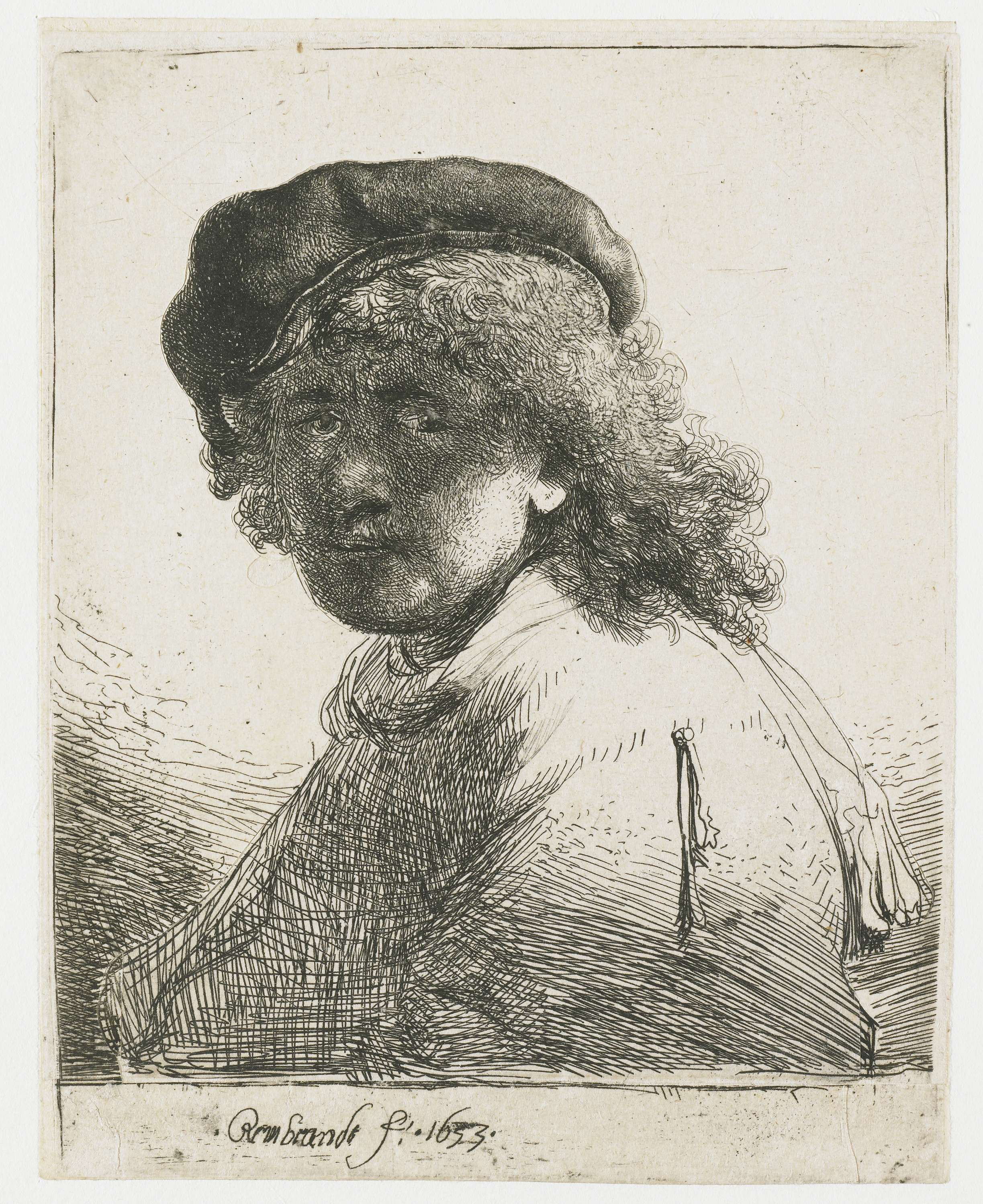 Self-portrait in a cap and scarf with the face dark: bust, by Rembrandt van Rijn, public domain