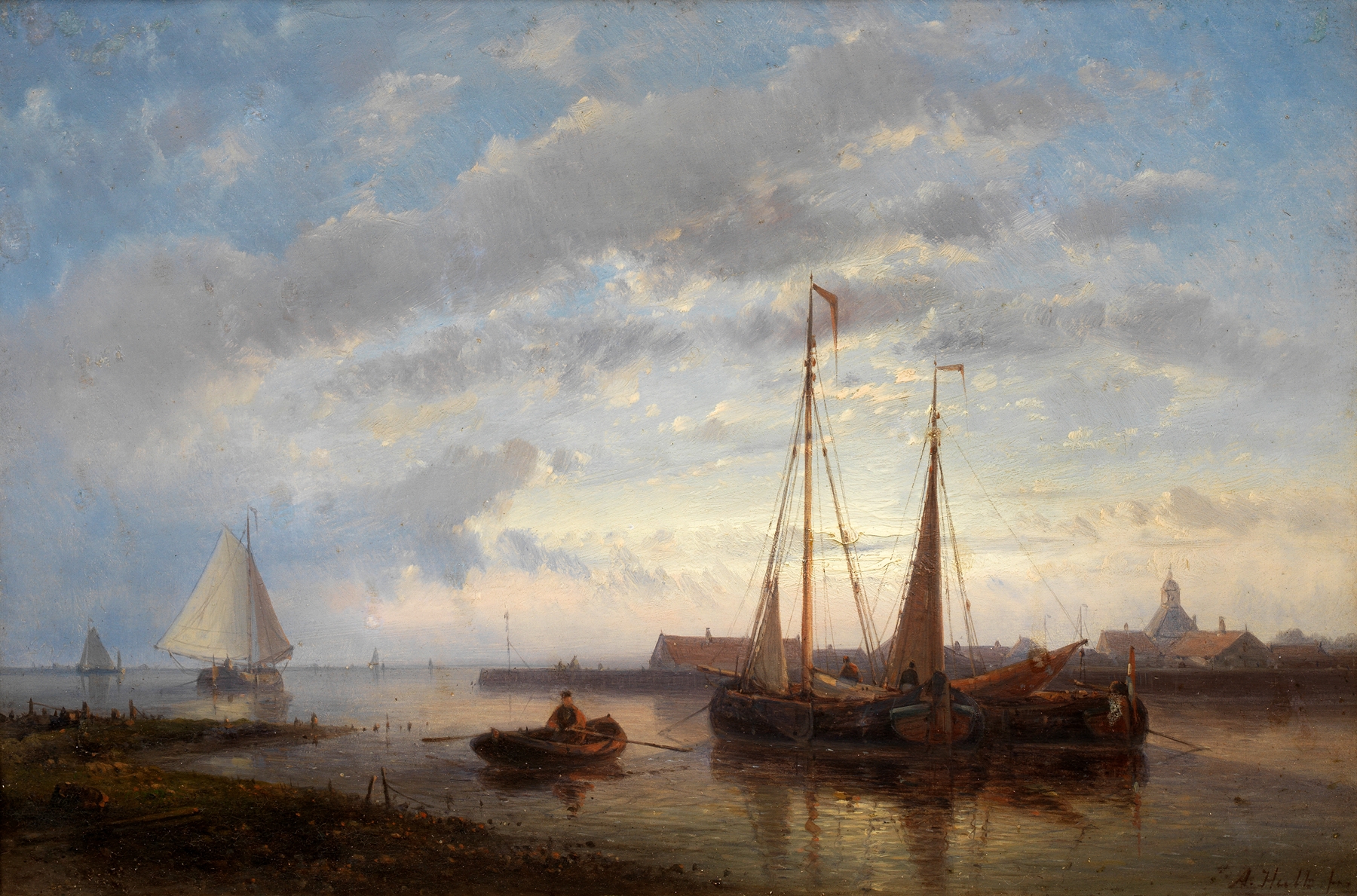 Fishermen at sunset, oil painting by Abraham Hulk, depicting twilight over water.