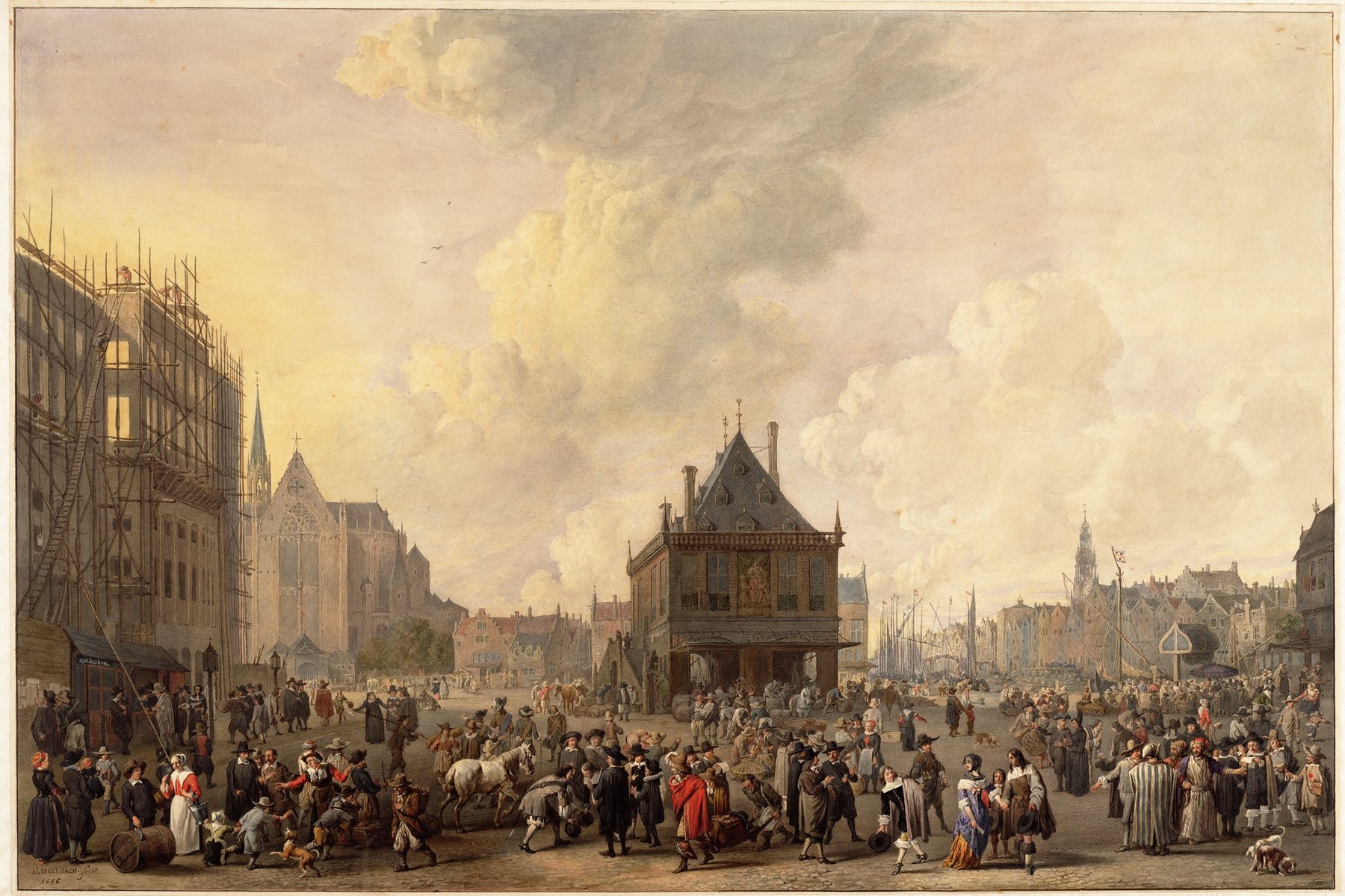 Oil on canvas by Reinier Craeyvanger depicting laborers at a stadhuis construction site.