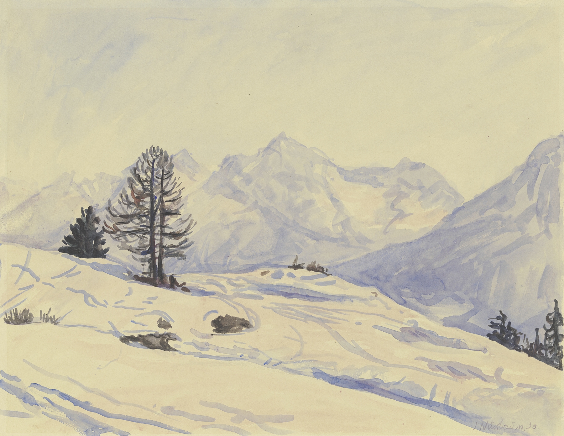 Winterlandschaft, Unterengadin by Jakob Nussbaum, expressionism, depicting a snowy landscape