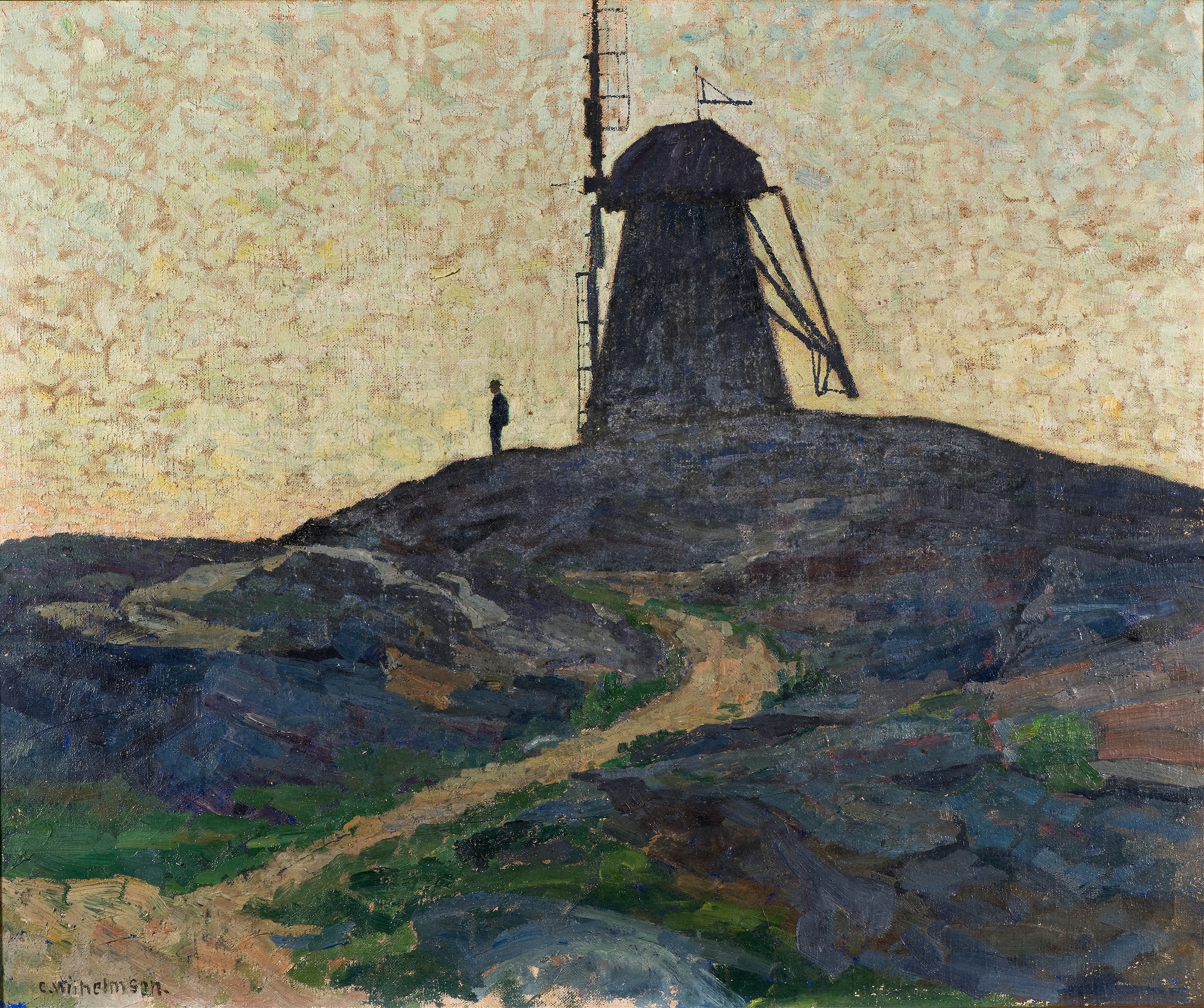 Landscape with a windmill and swirling clouds, oil on canvas by Carl Wilhelmson