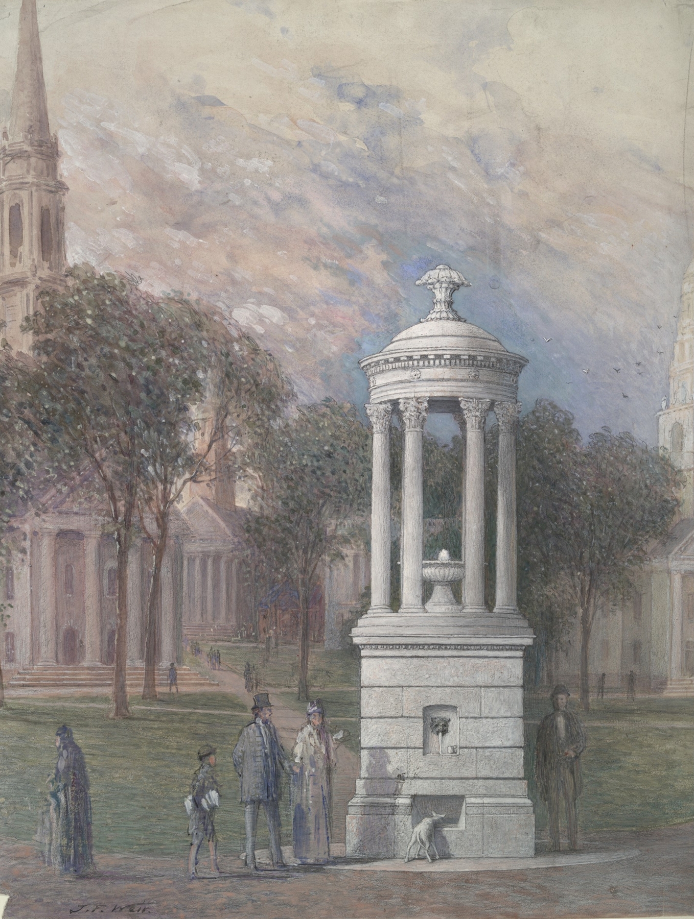 Bennett Fountain on New Haven Green, oil painting by John Ferguson Weir