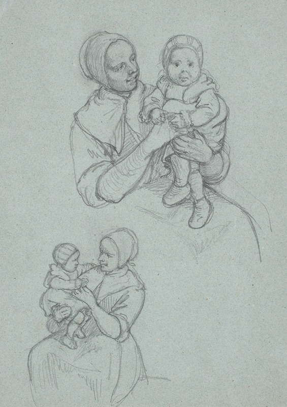 A genre scene depicting a mother and child in a natural setting.