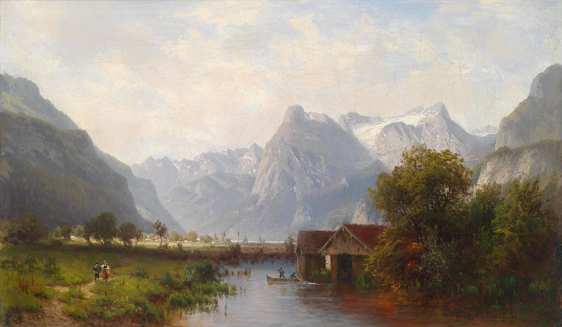 Oil painting of Vierwaldstätter See by Joseph Schoyerer, featuring a serene lake and mountains.