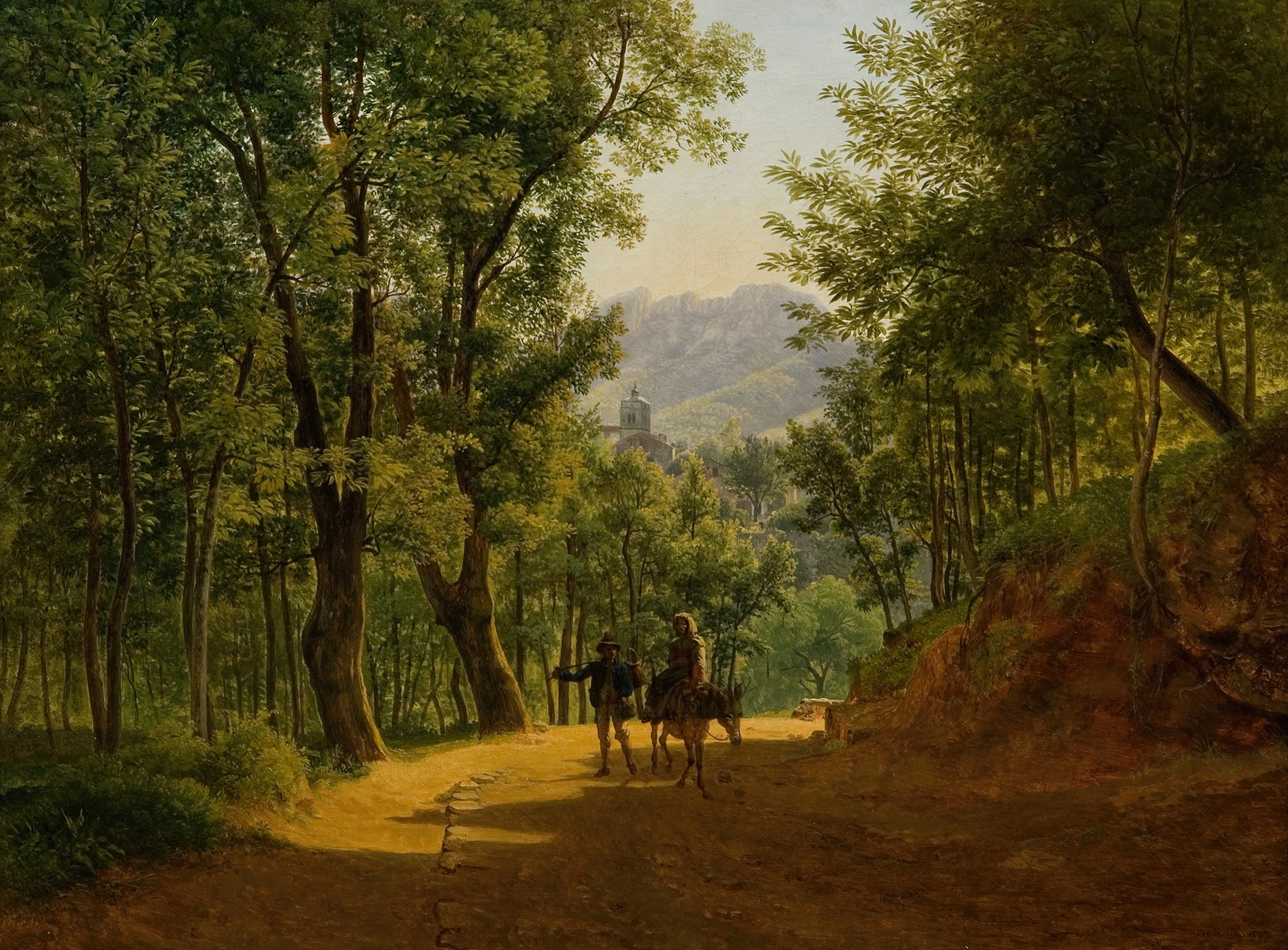 Oil painting by Joseph Rebell depicting a tranquil Italian landscape with rolling hills and vibrant colors.
