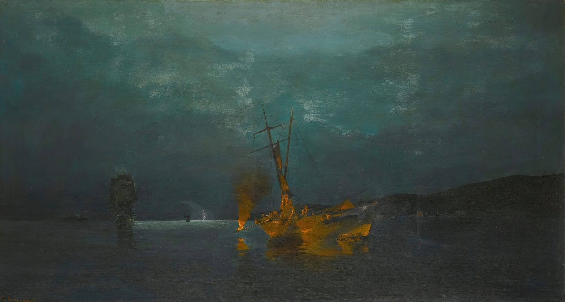 Pyrophani – Firefishing by Konstantinos Volanakis, oil painting depicting fishermen silhouetted against flames.