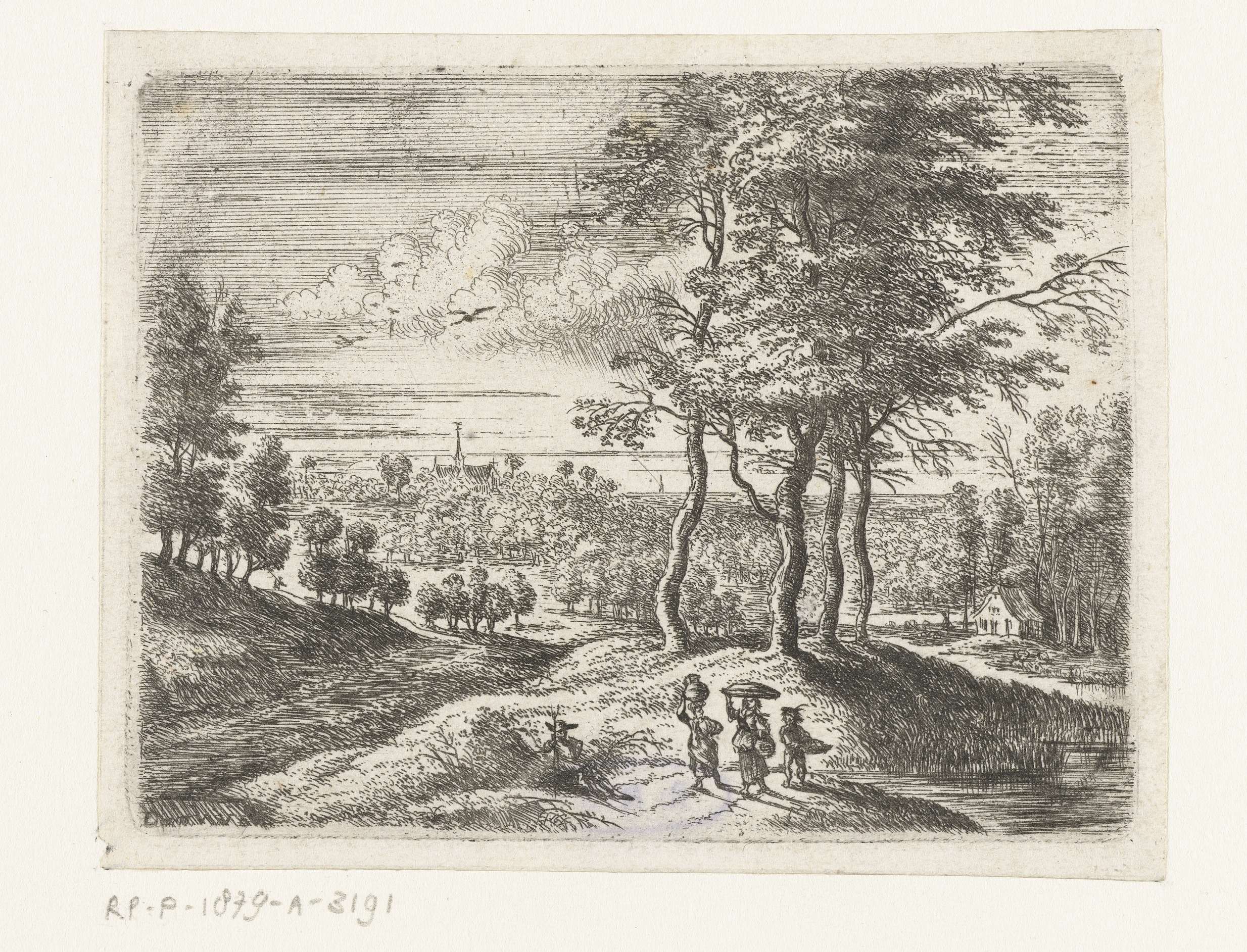 Etching by Lucas van Uden depicting two women and a boy with a basket in a landscape.