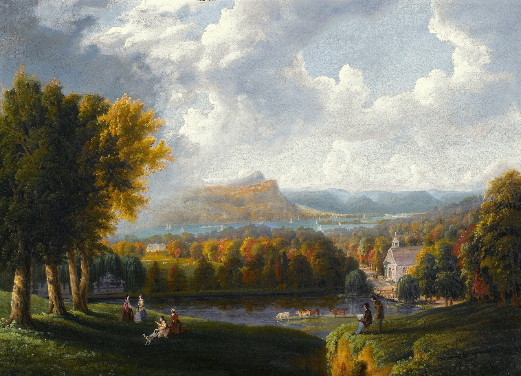 Engraving by Robert Havell Jr. depicting the Hudson River and Beekman Manor House.