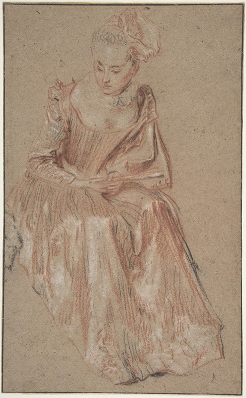 A woman elegantly seated, holding a fan in a Rococo style portrait.