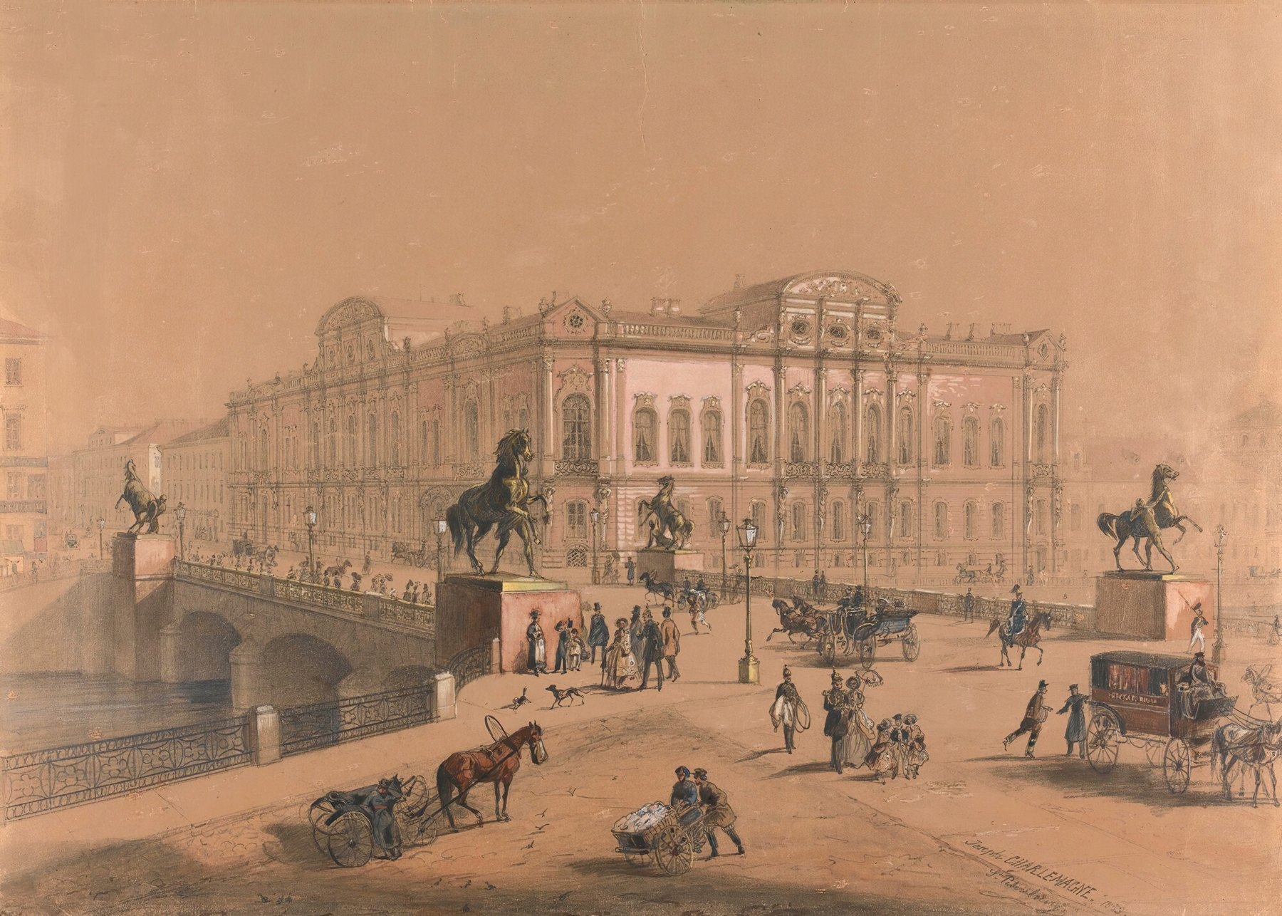 View Of The Anichkov Bridge, St Petersburg by Iosef Iosefovich Charlemagne, medium unknown
