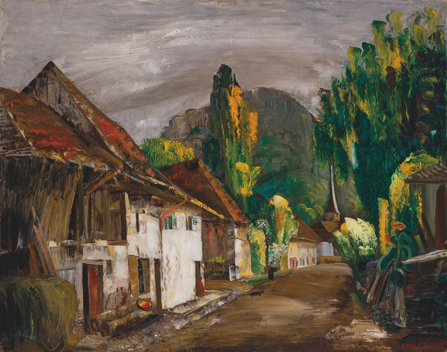 Oil on canvas by Boris Grigoriev featuring a tranquil landscape with mountains and a dusk sky