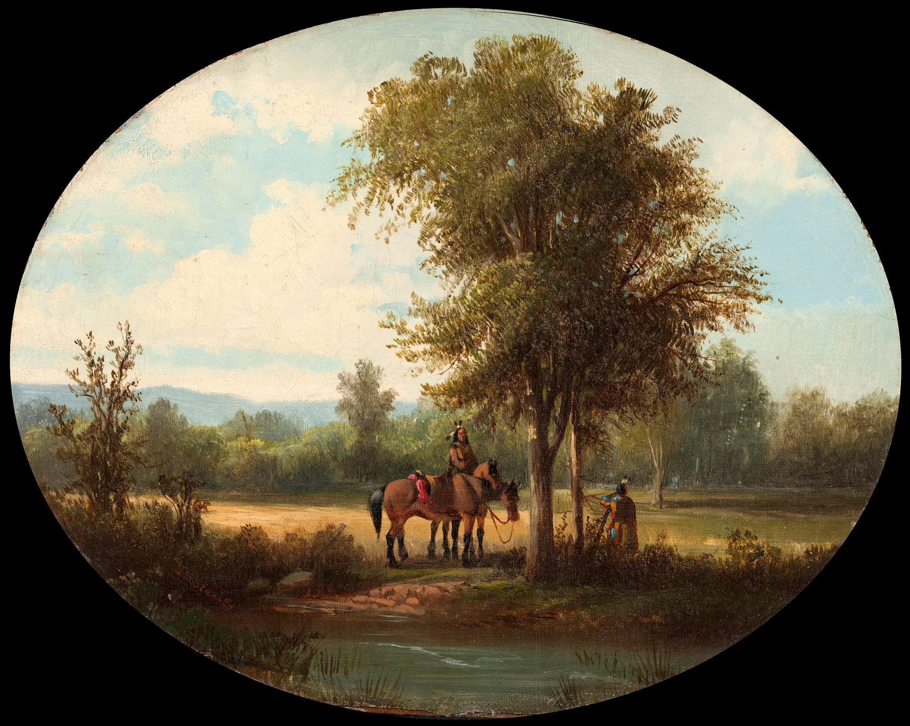 A Morning in Milk River Valley, oil on canvas by John Mix Stanley, depicting fog over hills at dawn.