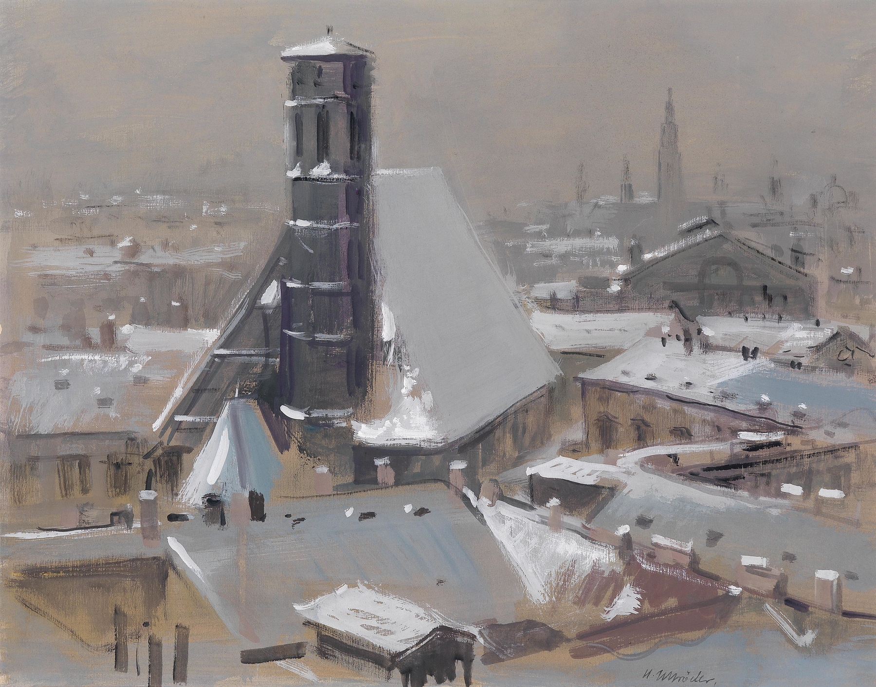 Landscape featuring rooftops and the Minoritenkirche by Heinrich Schröder, oil painting.