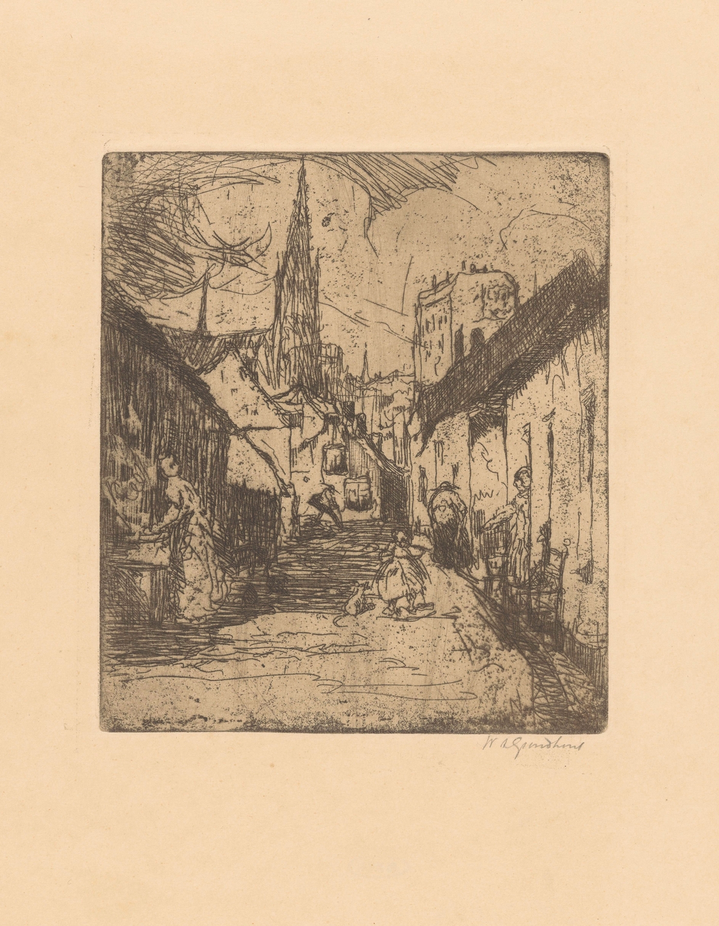Genre scene depicting figures in a village, oil painting by Willem Adrianus Grondhout
