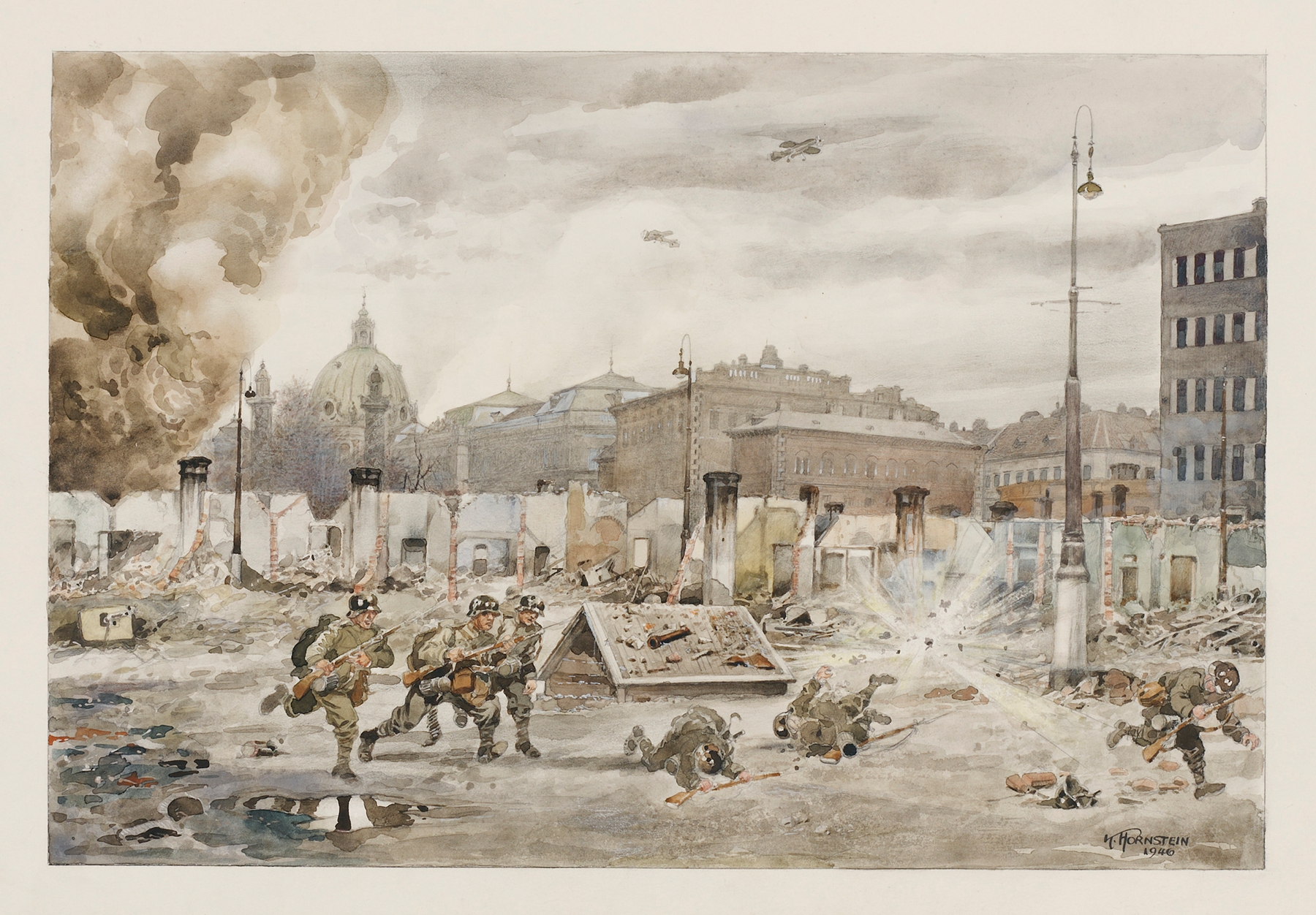 Historical scene depicting ruins of market stalls by Karl Hornstein