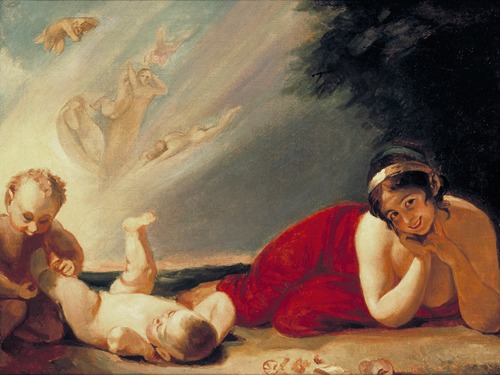 A study depicting Titania, Puck, and the Changeling from Shakespeare's A Midsummer Night's Dream.
