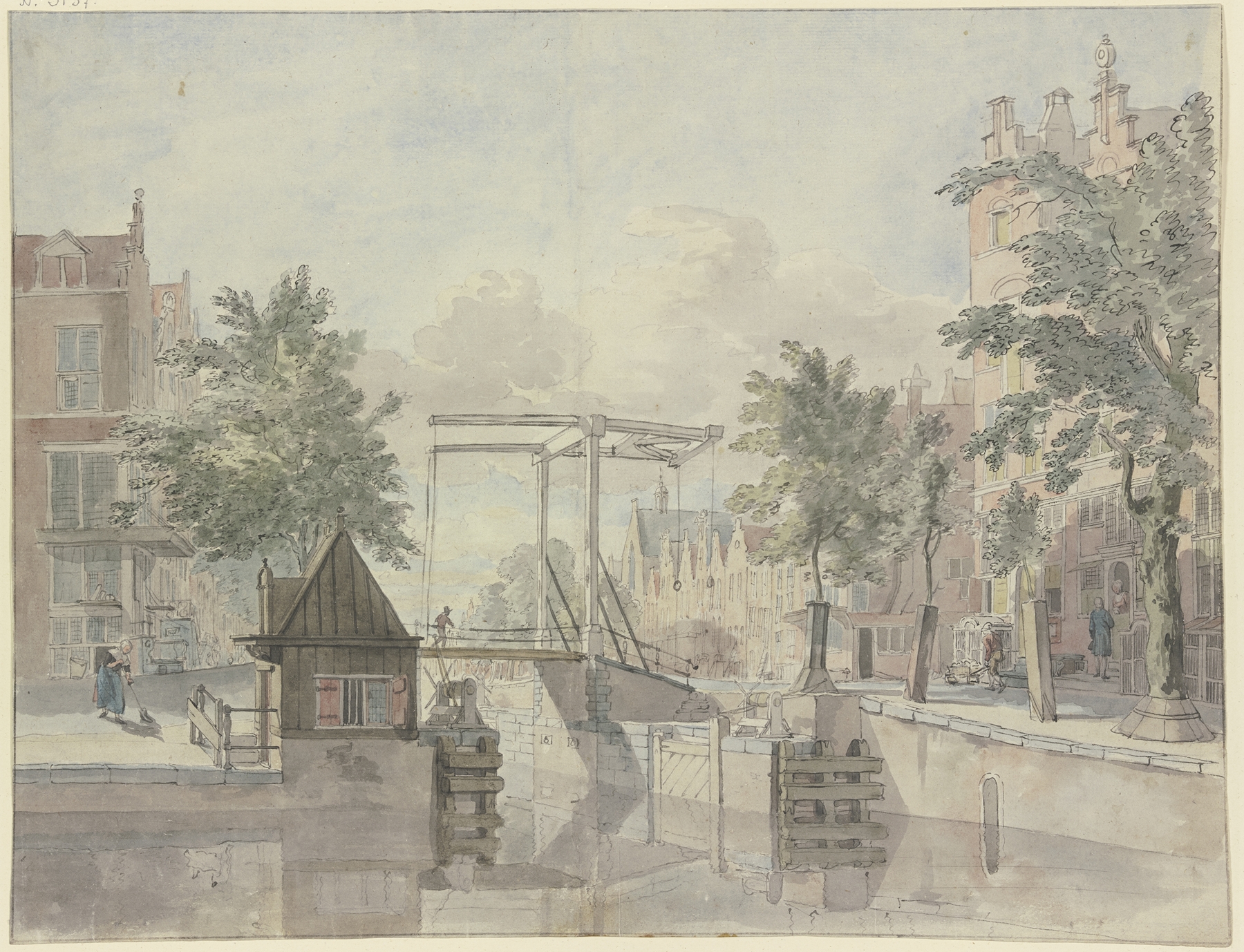 Kanal mit Schleusentor, a Dutch Golden Age landscape by Johannes Huibert Prins, depicting a canal and a maid.