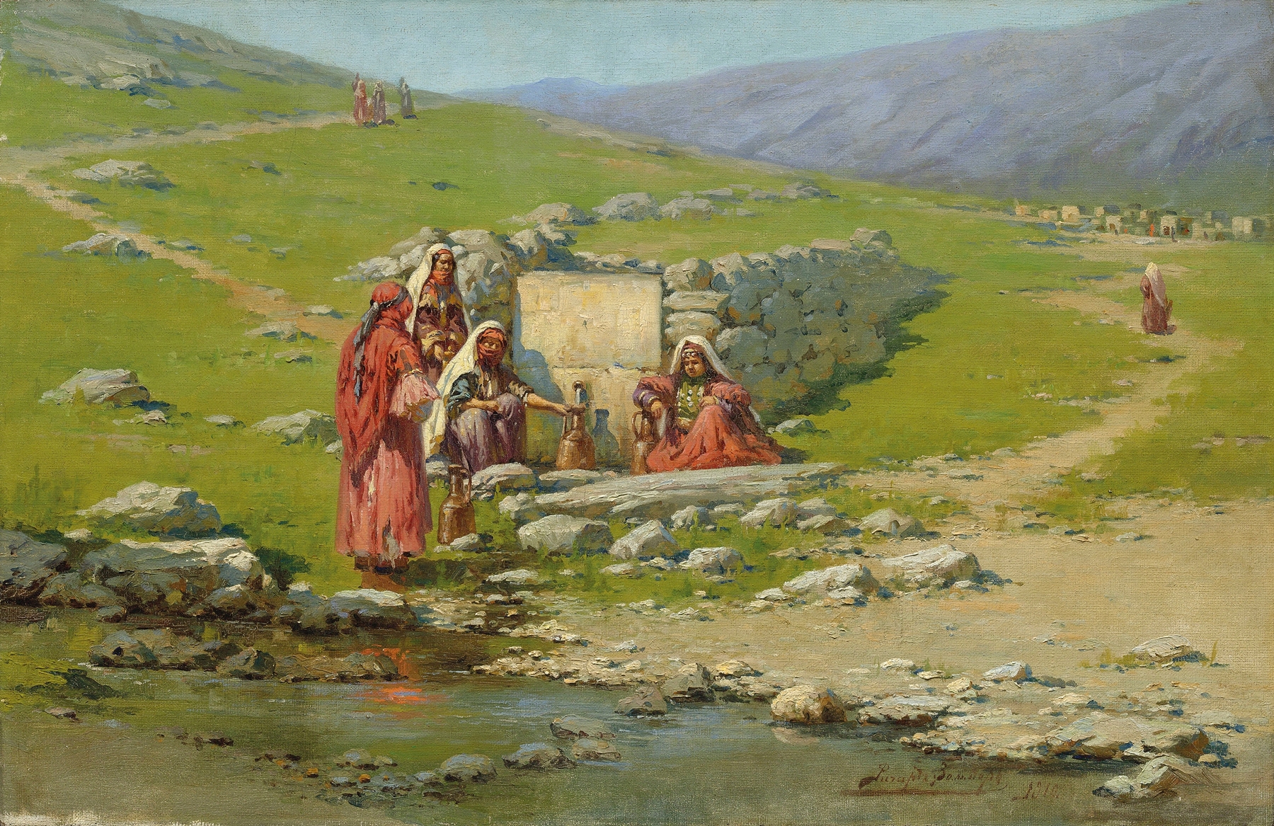 Genre scene with figures around a well, oil on canvas by Richard Karlovich Zommer